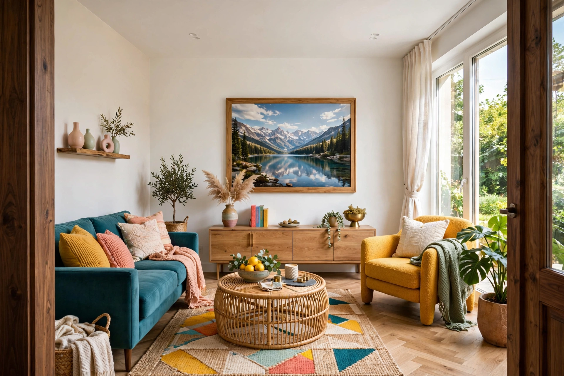 Small living room with one large framed artwork hung on the far wall at the end of the longest sightline