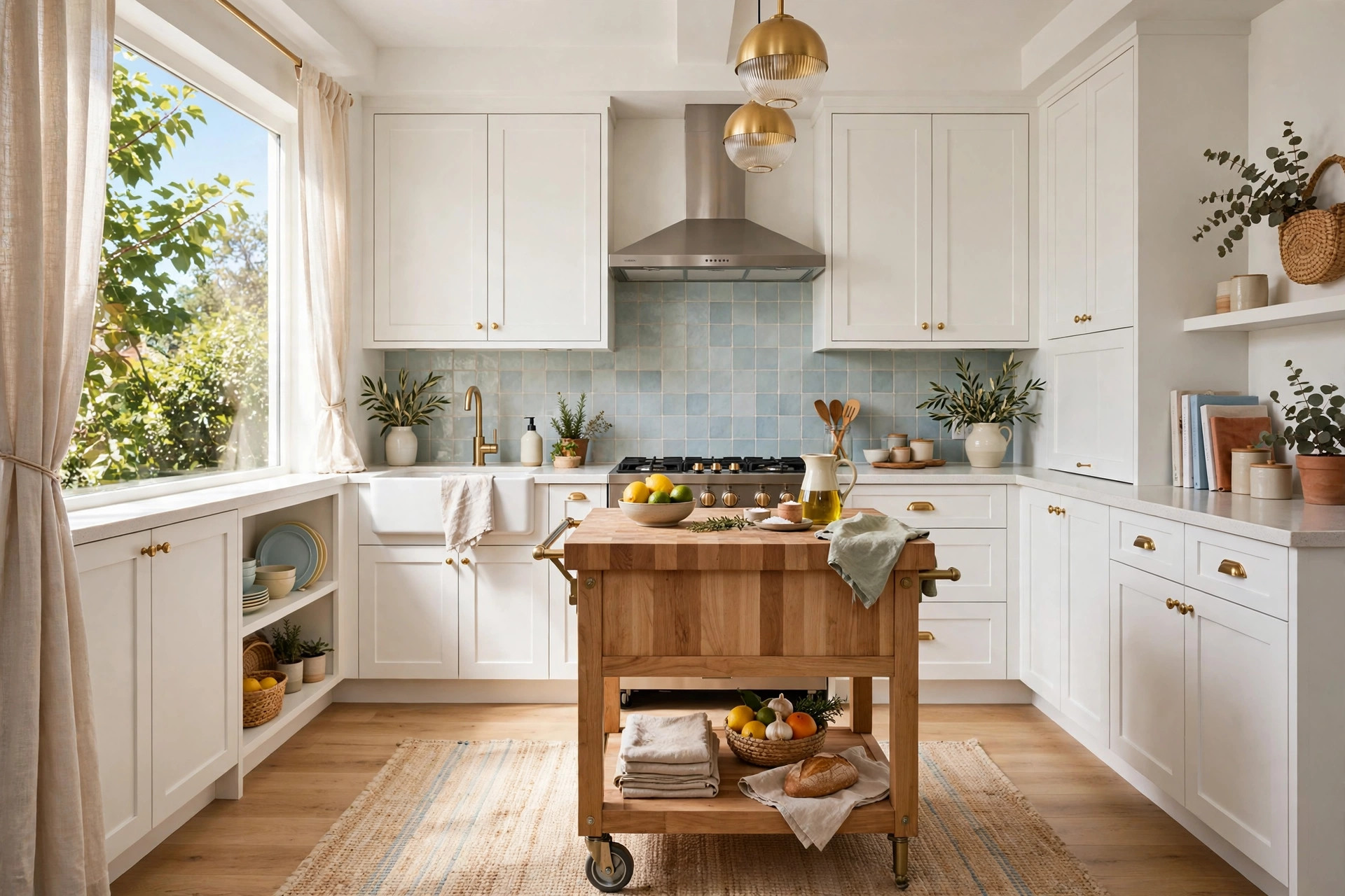 Sunny compact kitchen with a rolling butcher-block kitchen cart island beside white cabinets, whole kitchen visible