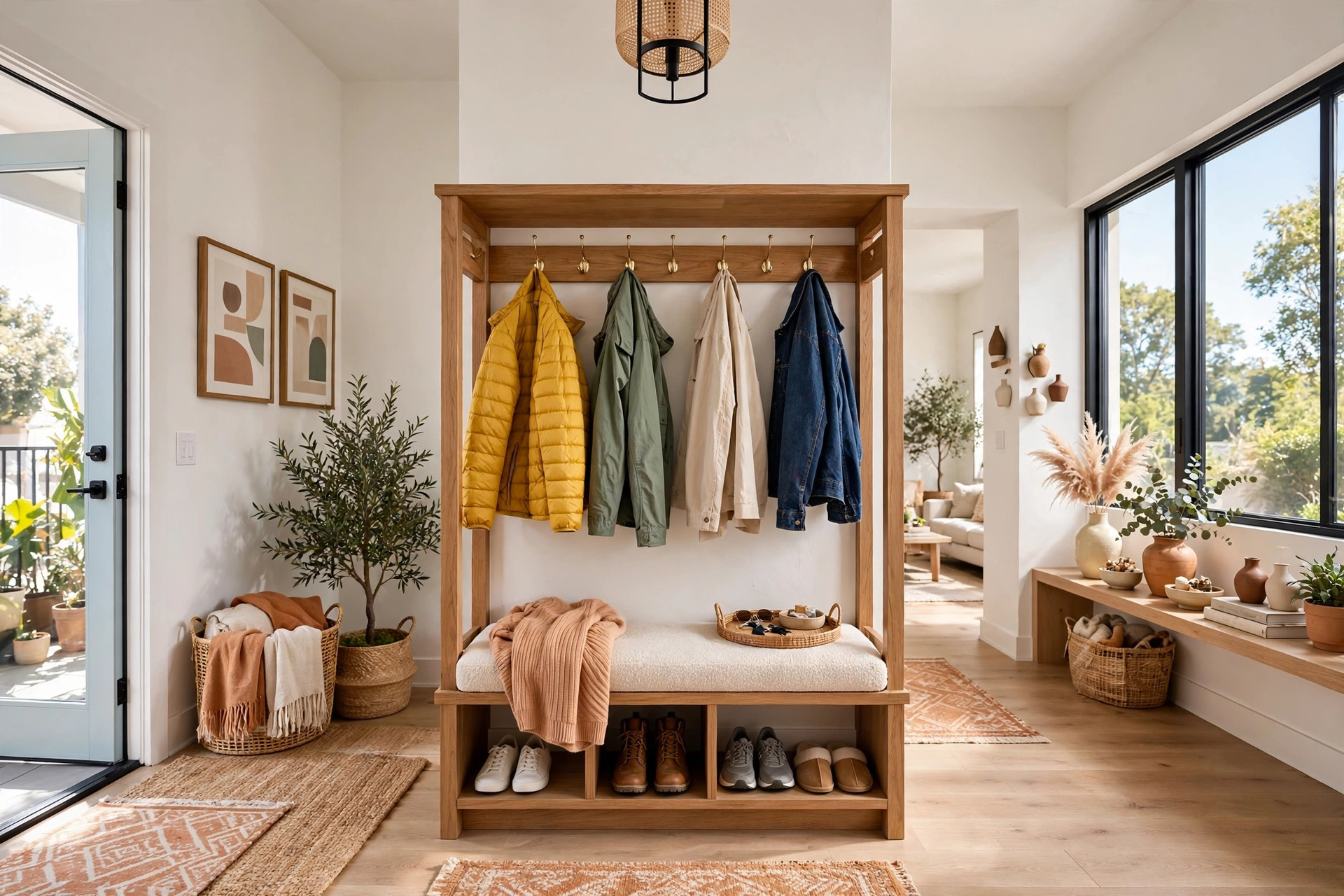 Bright apartment entryway with a freestanding hall tree, bench, and coat hooks, wide wall-to-wall view