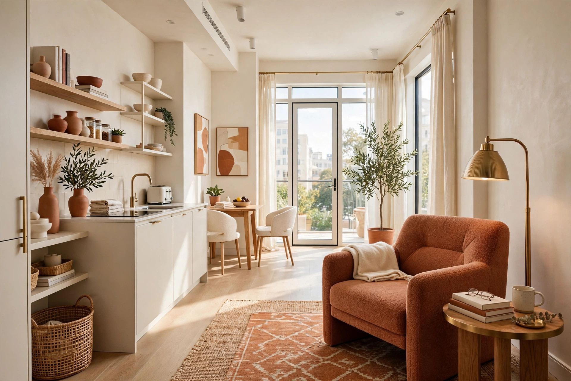 Bright studio apartment reading corner with a sleeper accent chair beside a floor lamp and side table, wide wall-to-wall view