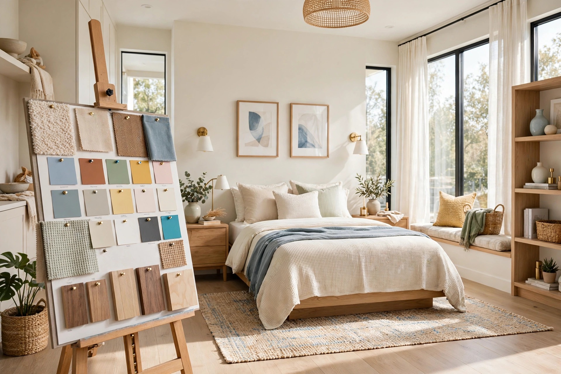 Bedroom design sample board with paint swatches, fabric scraps, wood samples pinned together, bright room visible behind