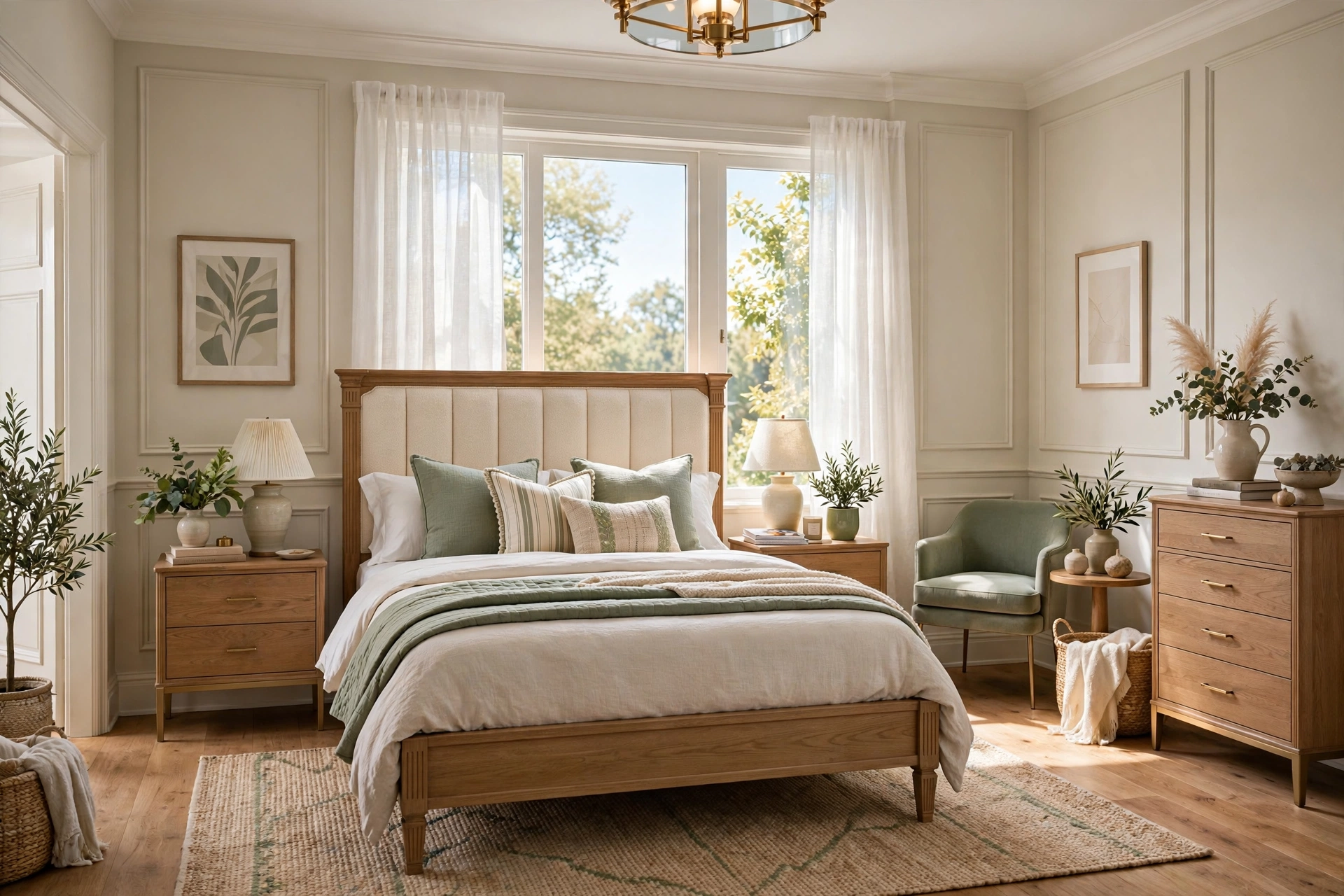 Bright beautiful bedroom with a balanced modern-classic bed frame, styled bedding, warm daylight