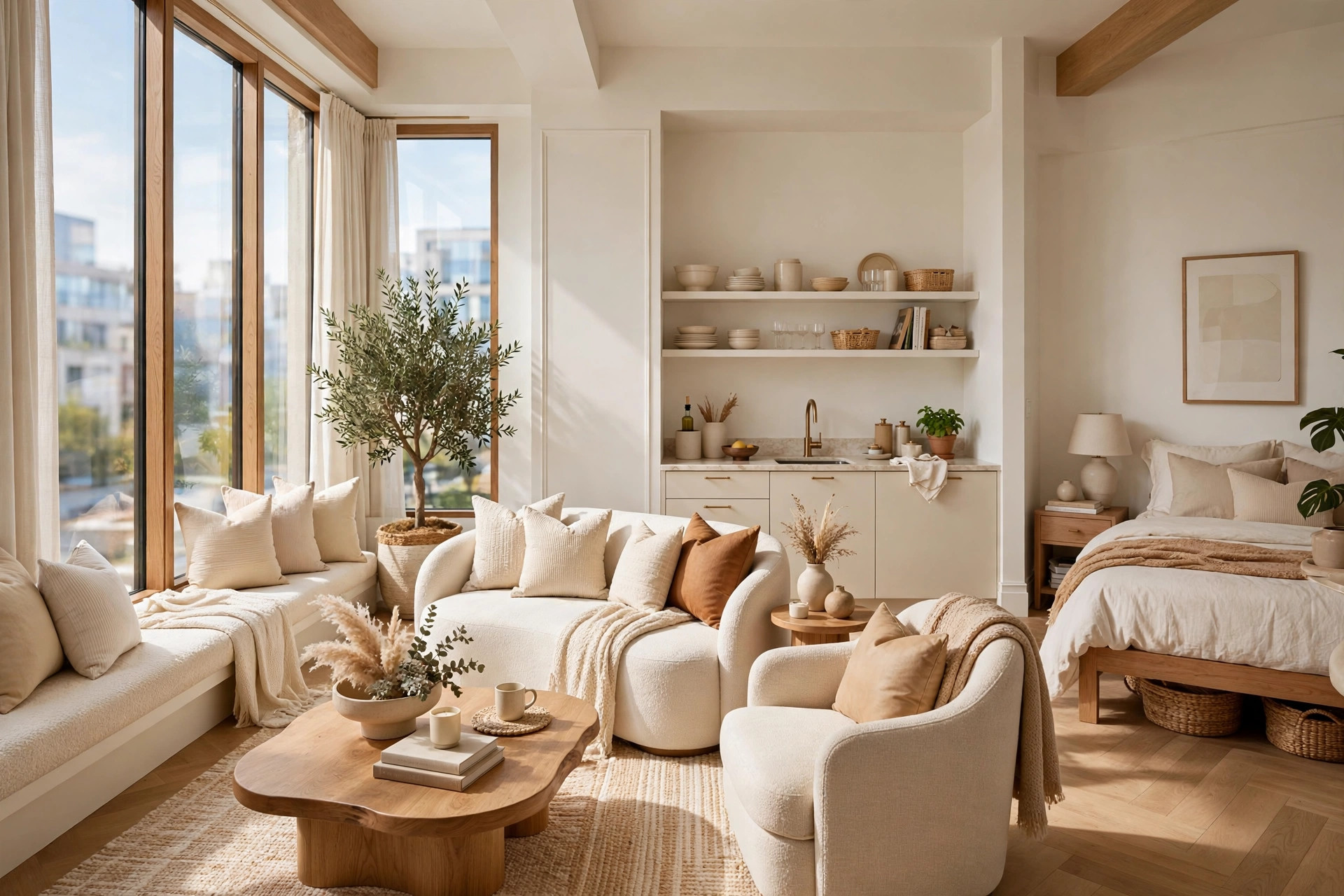 Light and bright white studio apartment with pale wood furniture and sheer curtains
