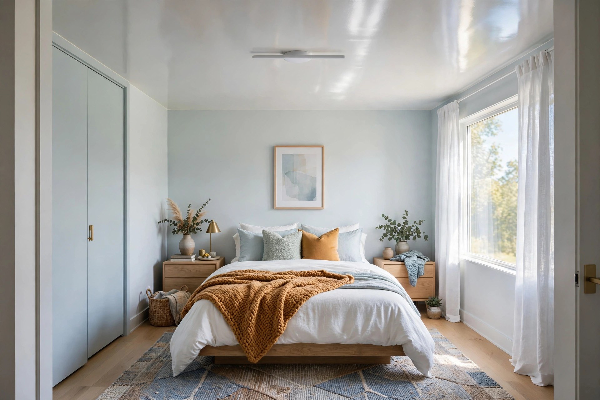 Small airy bedroom with a bright white satin-finish ceiling reflecting light and lifting the room's height