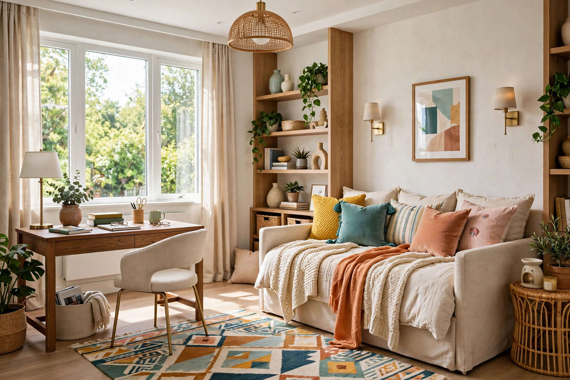 Bright home office guest room with a daybed styled as a sofa with cushions and throw pillows, whole room visible