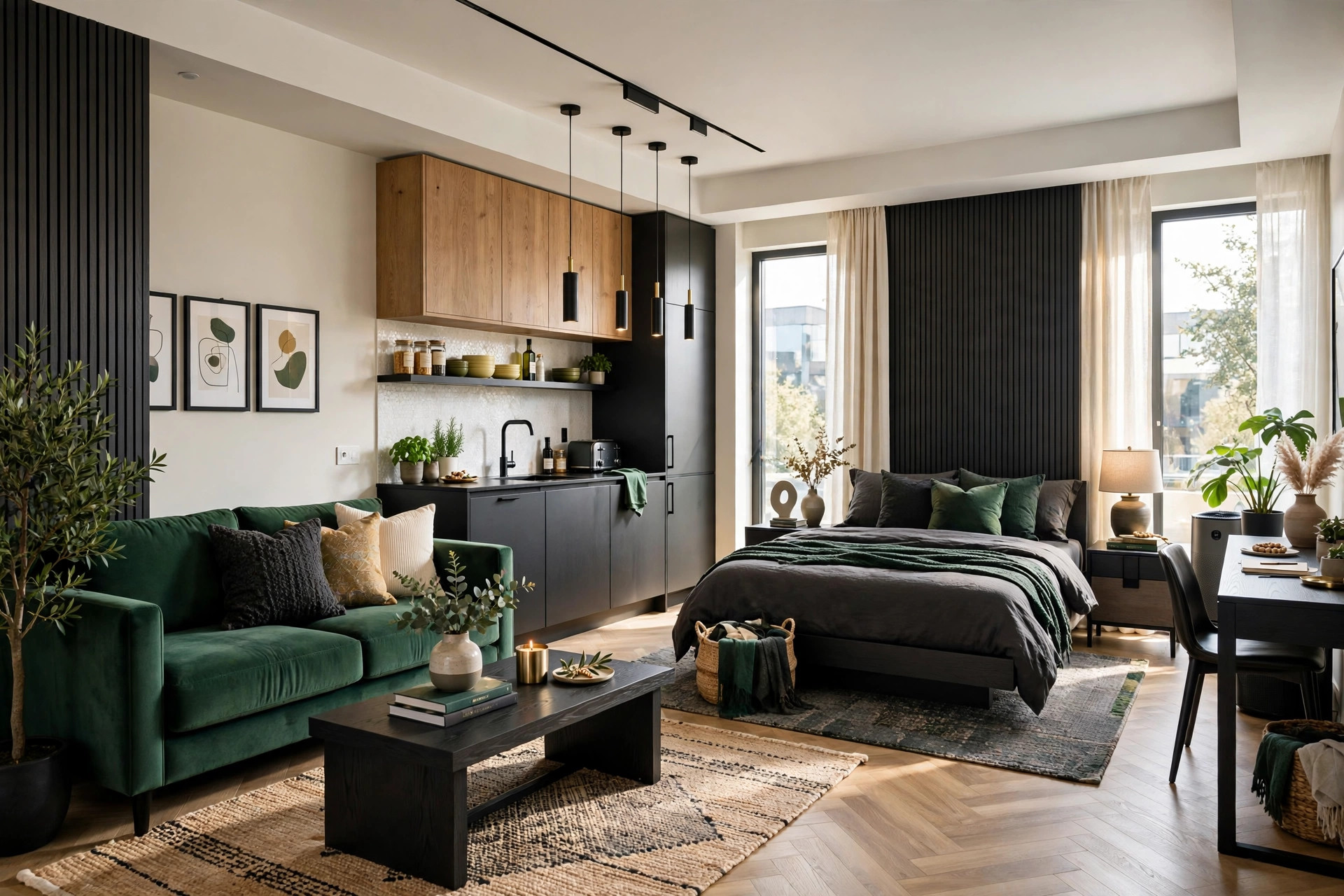 Moody studio apartment with dark green accent wall, brass lamp, and warm layered lighting