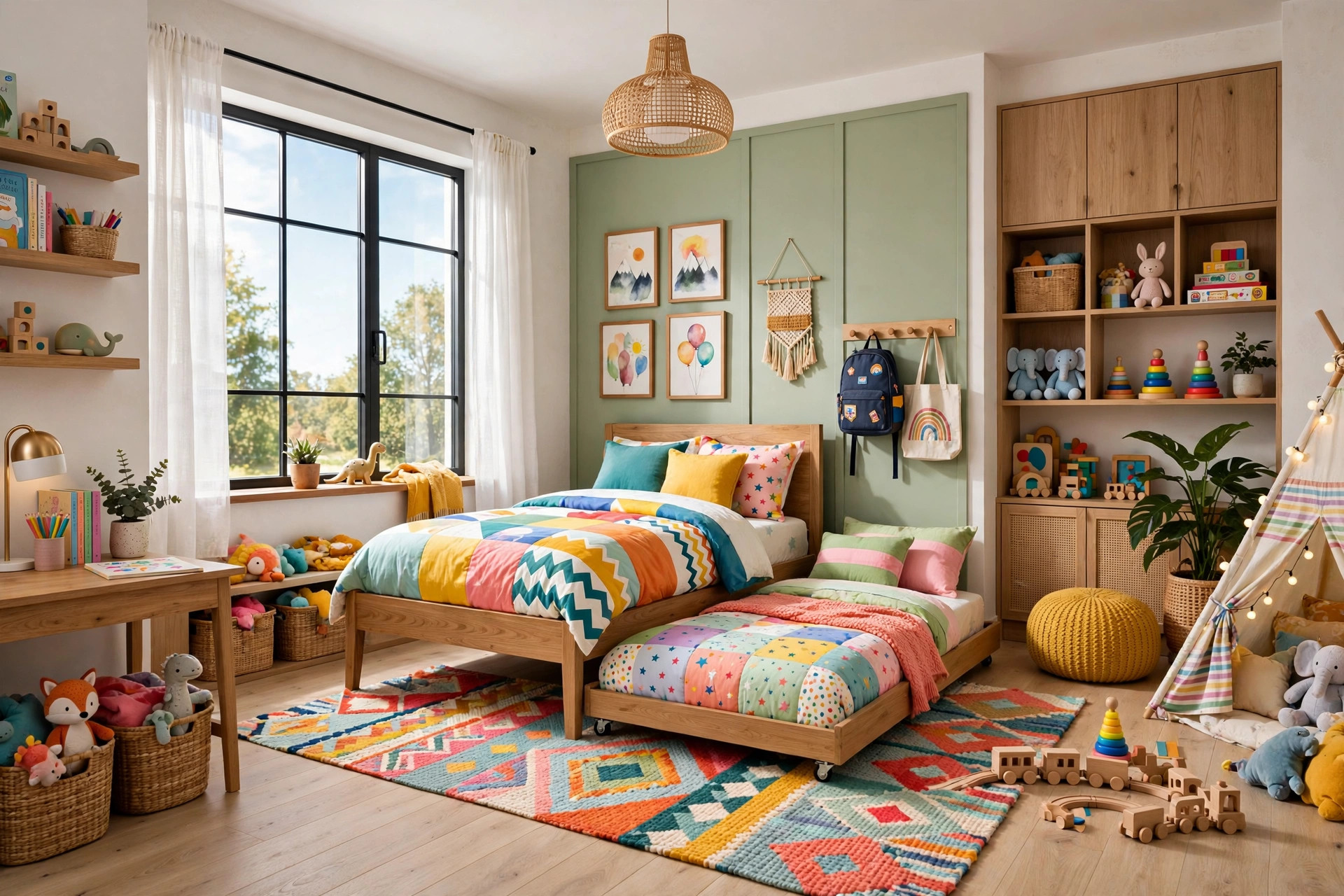Cheerful kids bedroom with a trundle bed pulled out from under the main bed, whole room visible