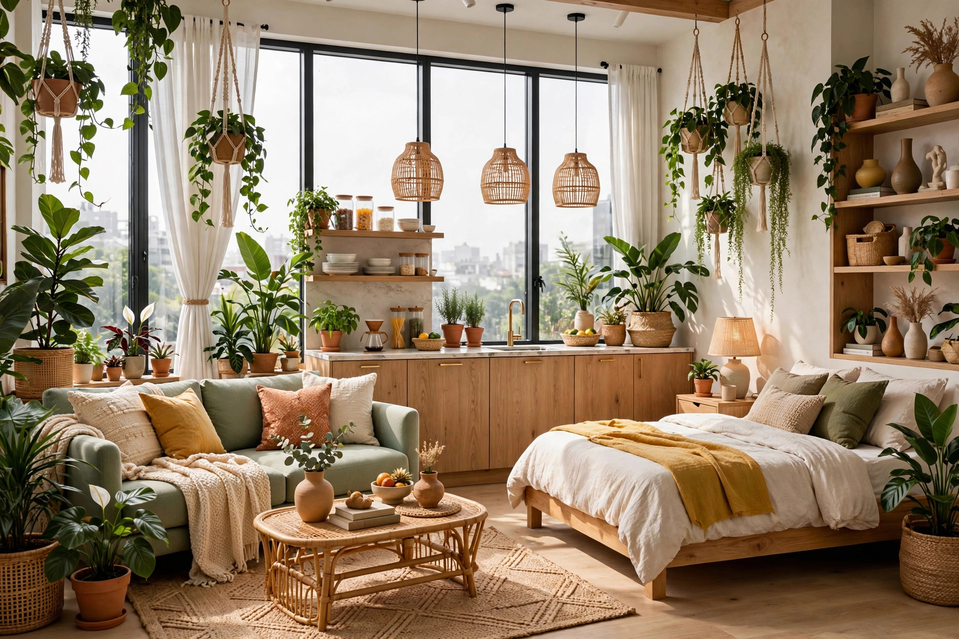 Plant-filled urban jungle studio apartment with layered greenery in terracotta pots