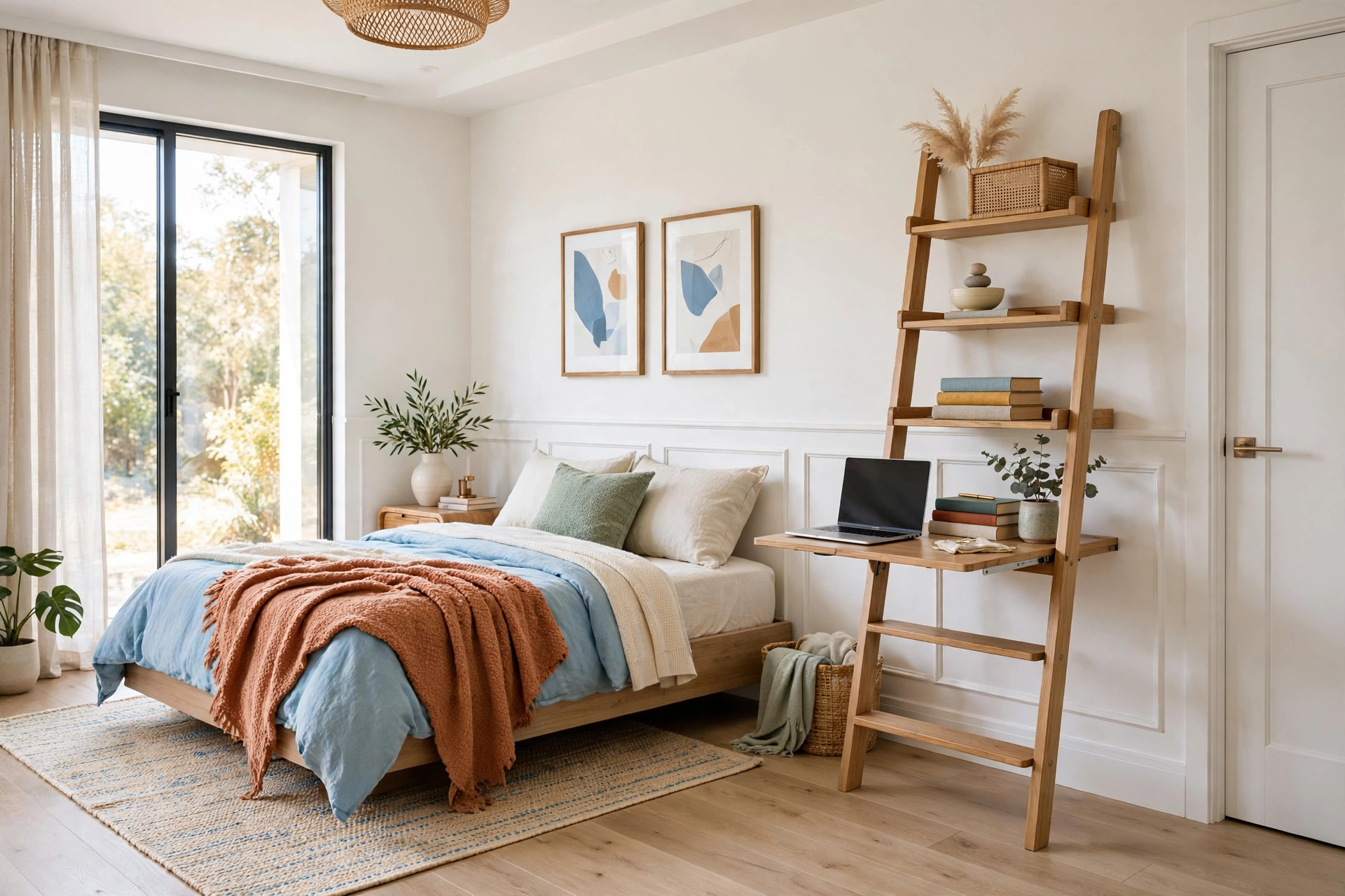 Bright bedroom corner with a leaning ladder shelf with a fold-out desk holding a laptop, whole room visible