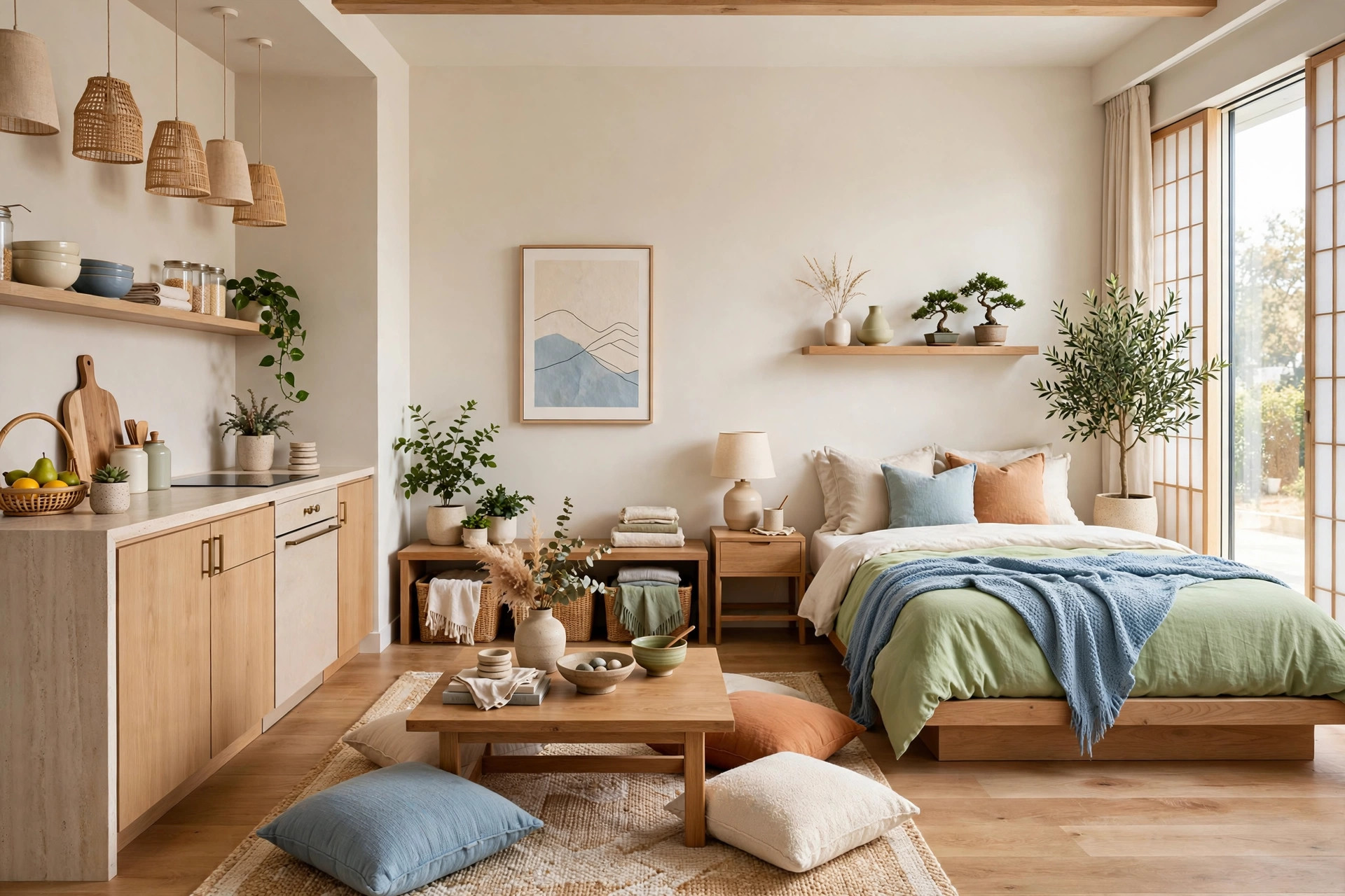 Minimalist Japandi studio apartment with low platform bed, oak furniture, and neutral tones