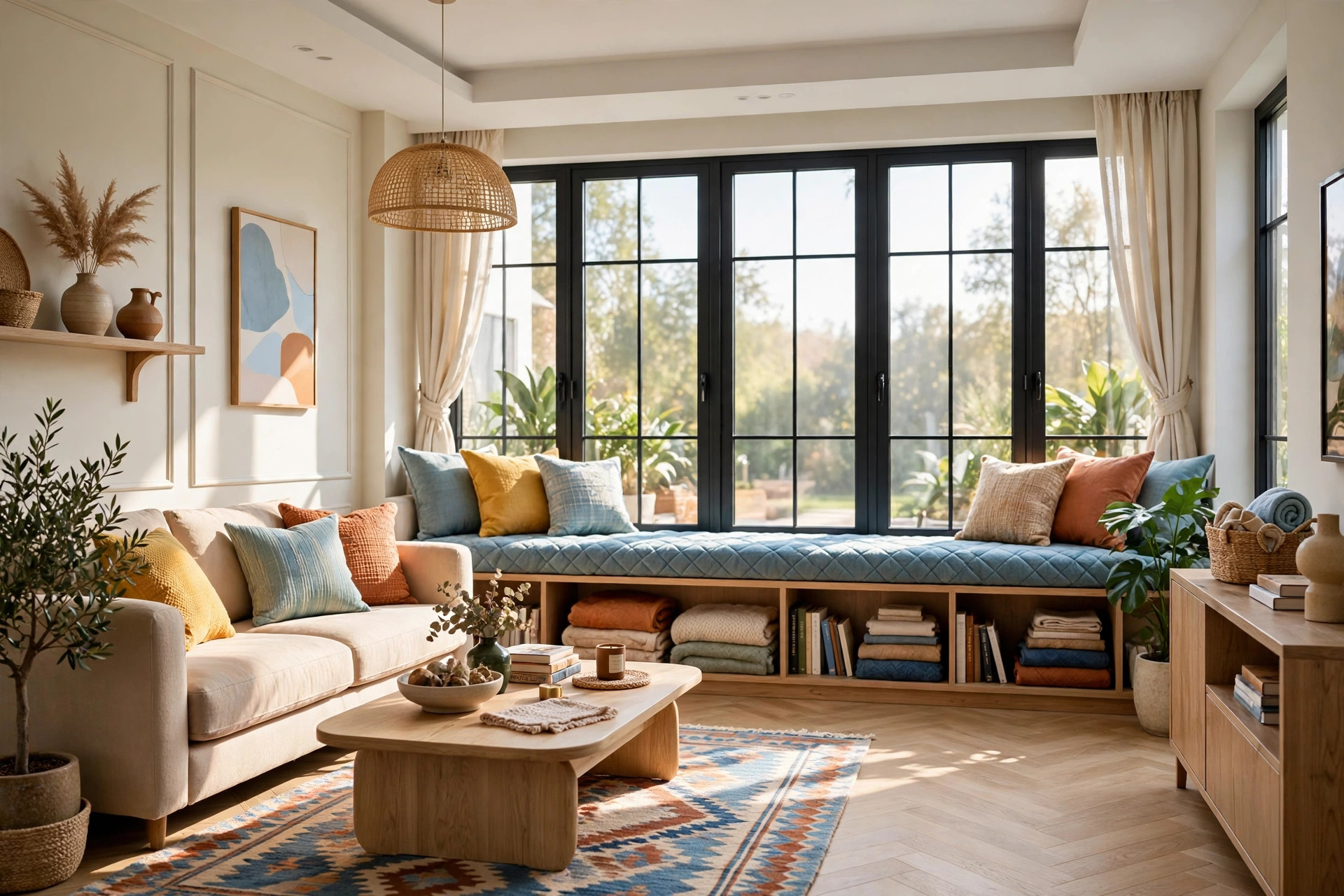 Sunlit living room with a cushioned window seat with open storage holding books and blankets, whole room visible