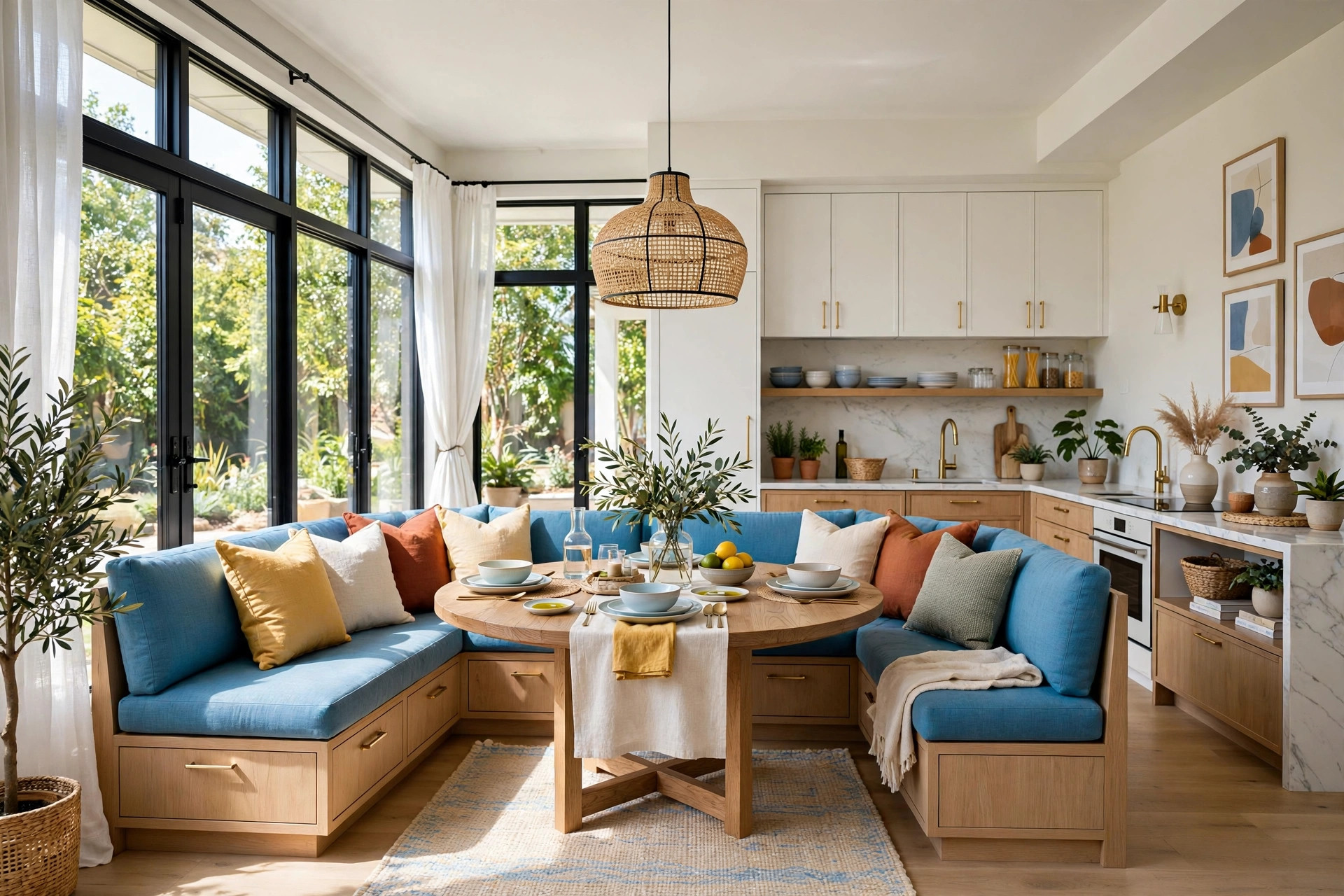 Bright dining corner with a banquette bench with under-seat storage around a round table, whole area visible