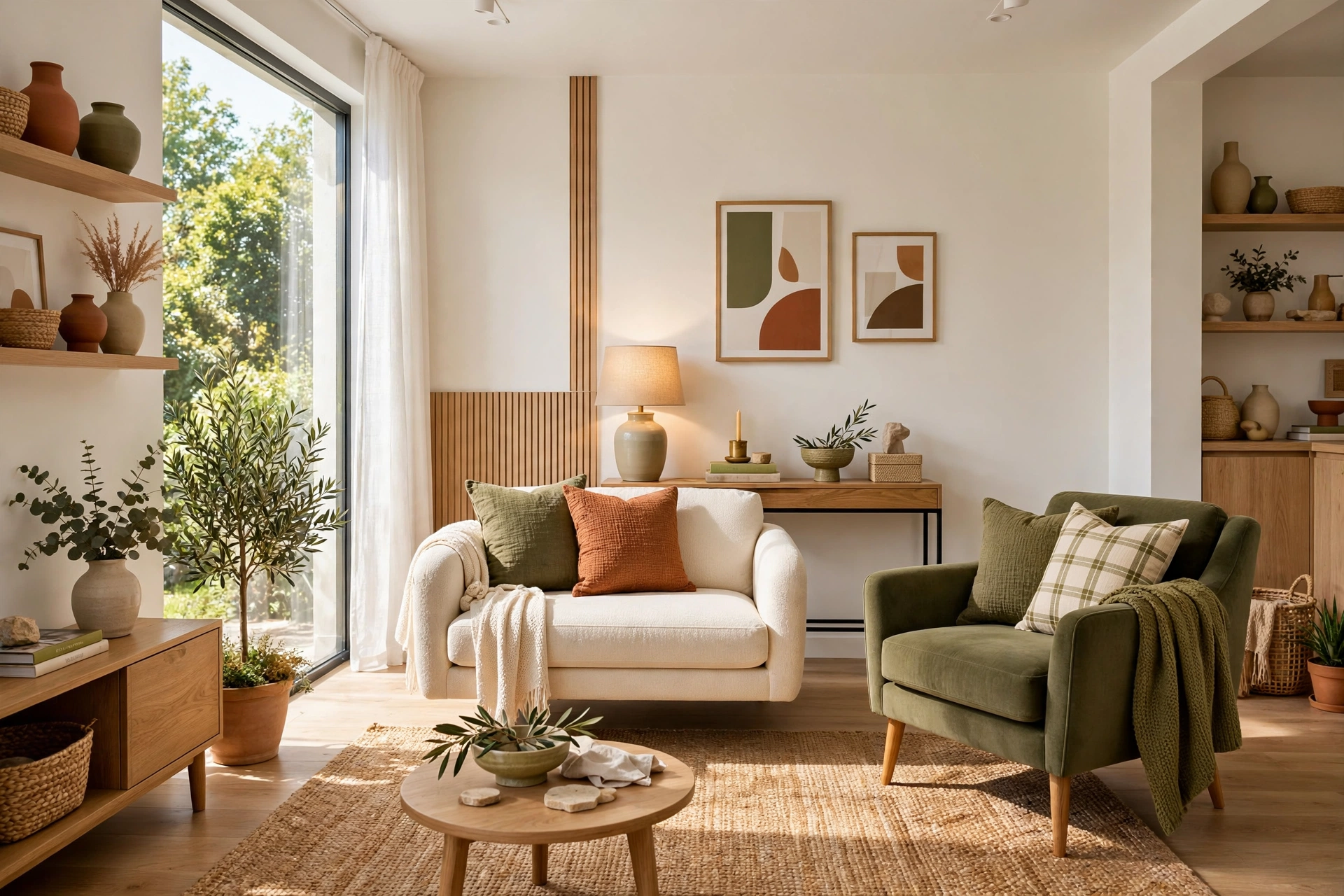 Small living room with love seat floated off the wall and armchair angled inward around a rug, slim console table behind sofa, bright airy styling
