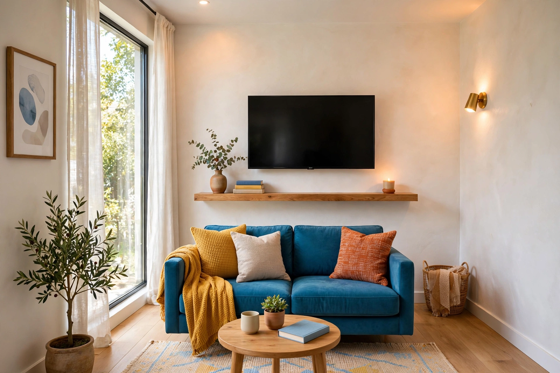 Small living room with flat screen TV wall mounted above a single floating shelf, no media console, clean open floor, bright modern styling