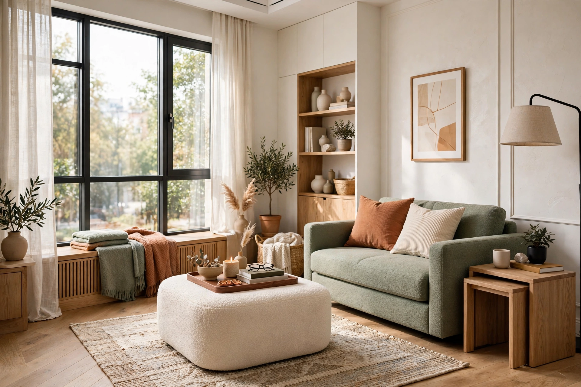 Small living room with a bouclé storage ottoman used as coffee table with tray on top, nesting side tables, bright functional modern interior