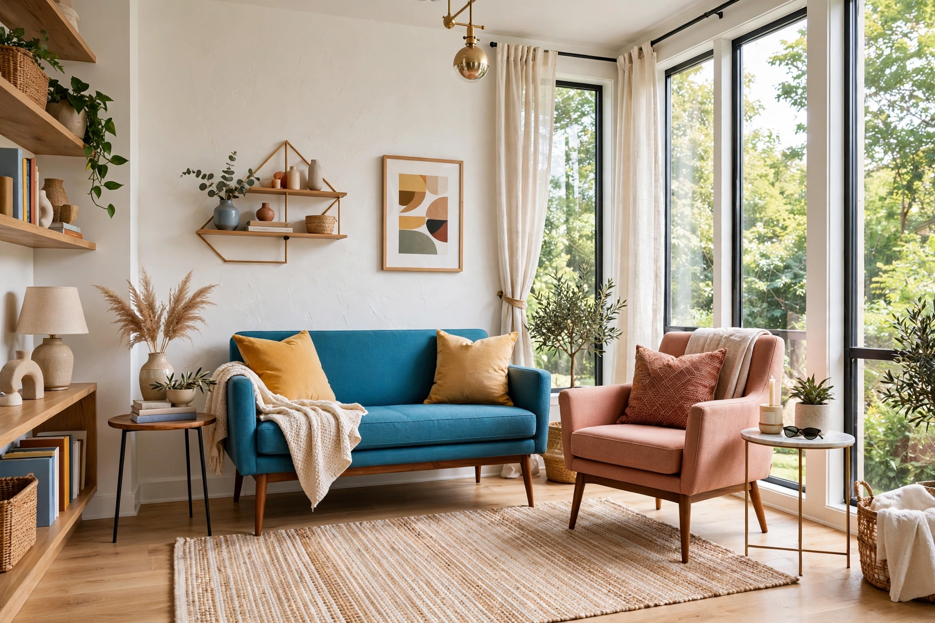 Small living room with mid-century style love seat and armchair on tapered wooden legs showing open floor beneath, light rug, bright modern interior