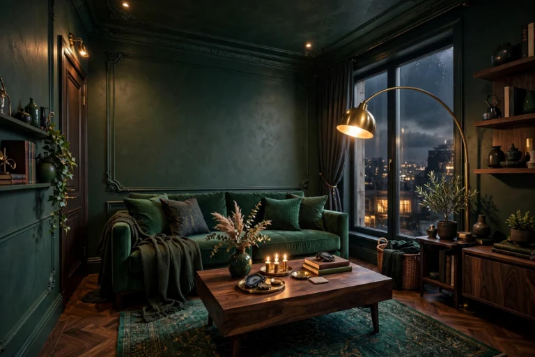 Dark and moody small apartment living room with deep forest green walls, emerald velvet sofa, brass floor lamp glowing warmly, entire room visible wall to wall