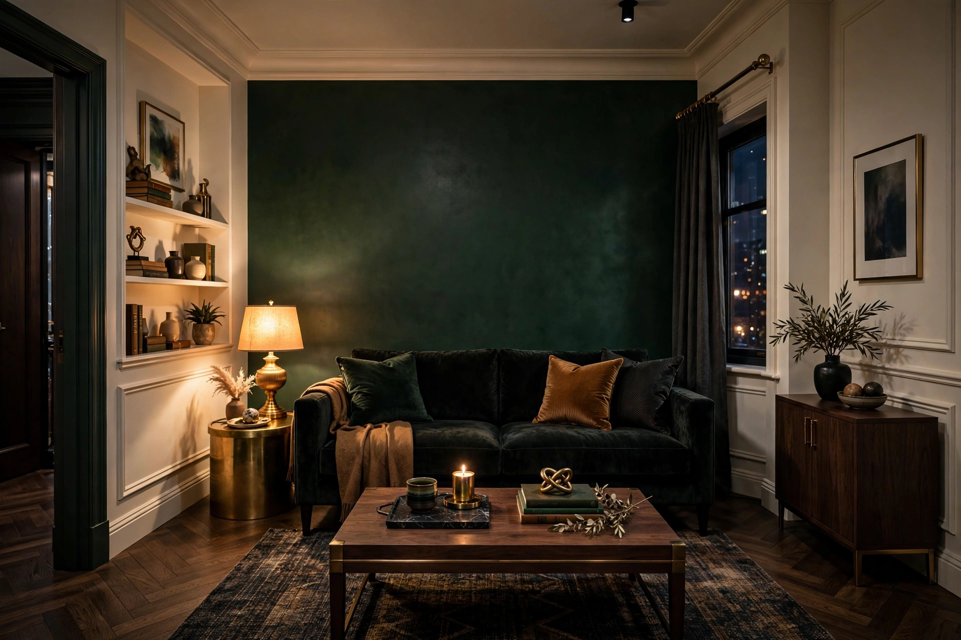 Small apartment living room with one deep forest green accent wall behind a velvet sofa, other walls light, whole room visible