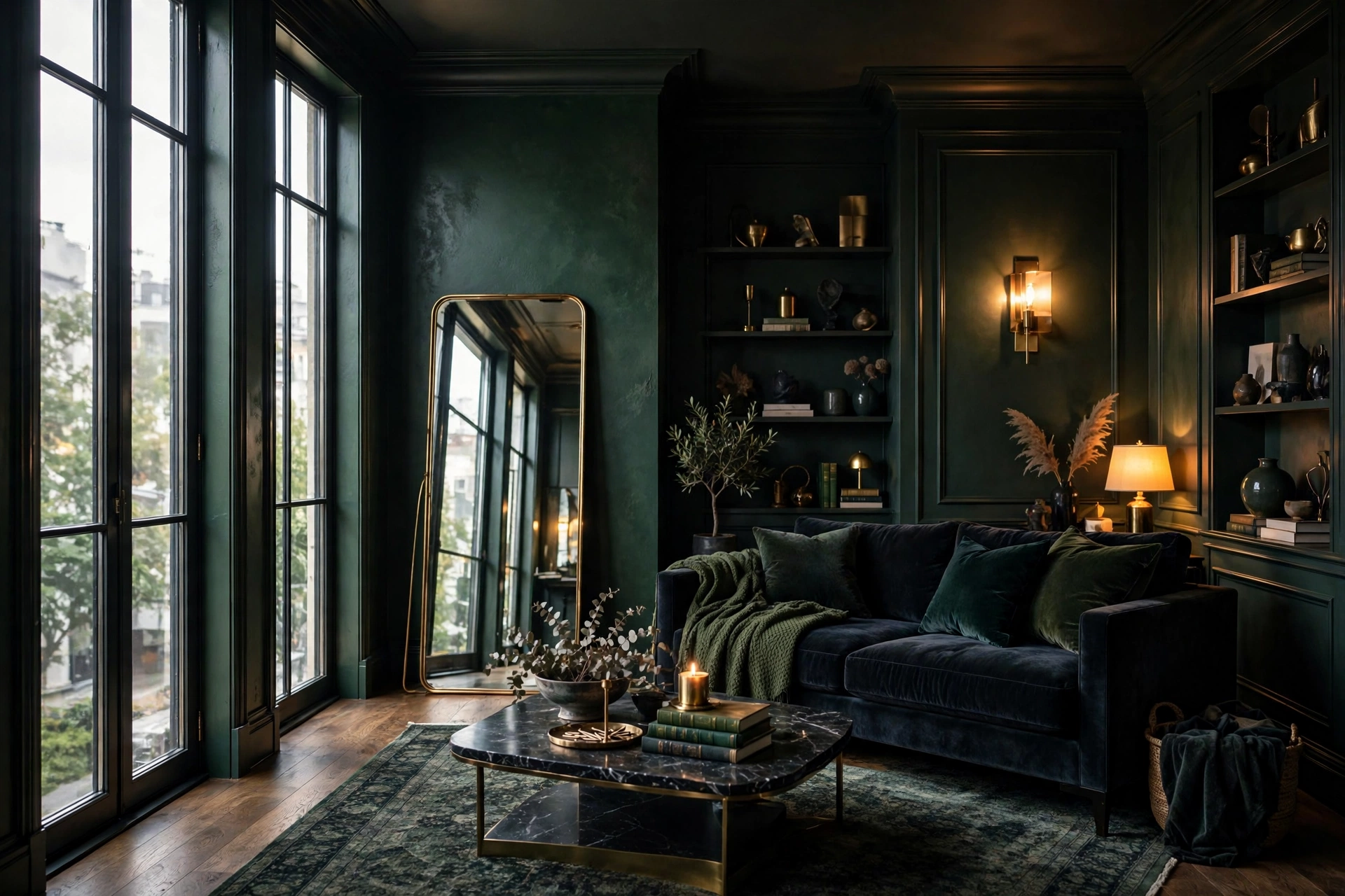 Dark moody living room with a large leaning floor mirror in a brass frame opposite tall windows, daylight bouncing across deep green walls, full room view