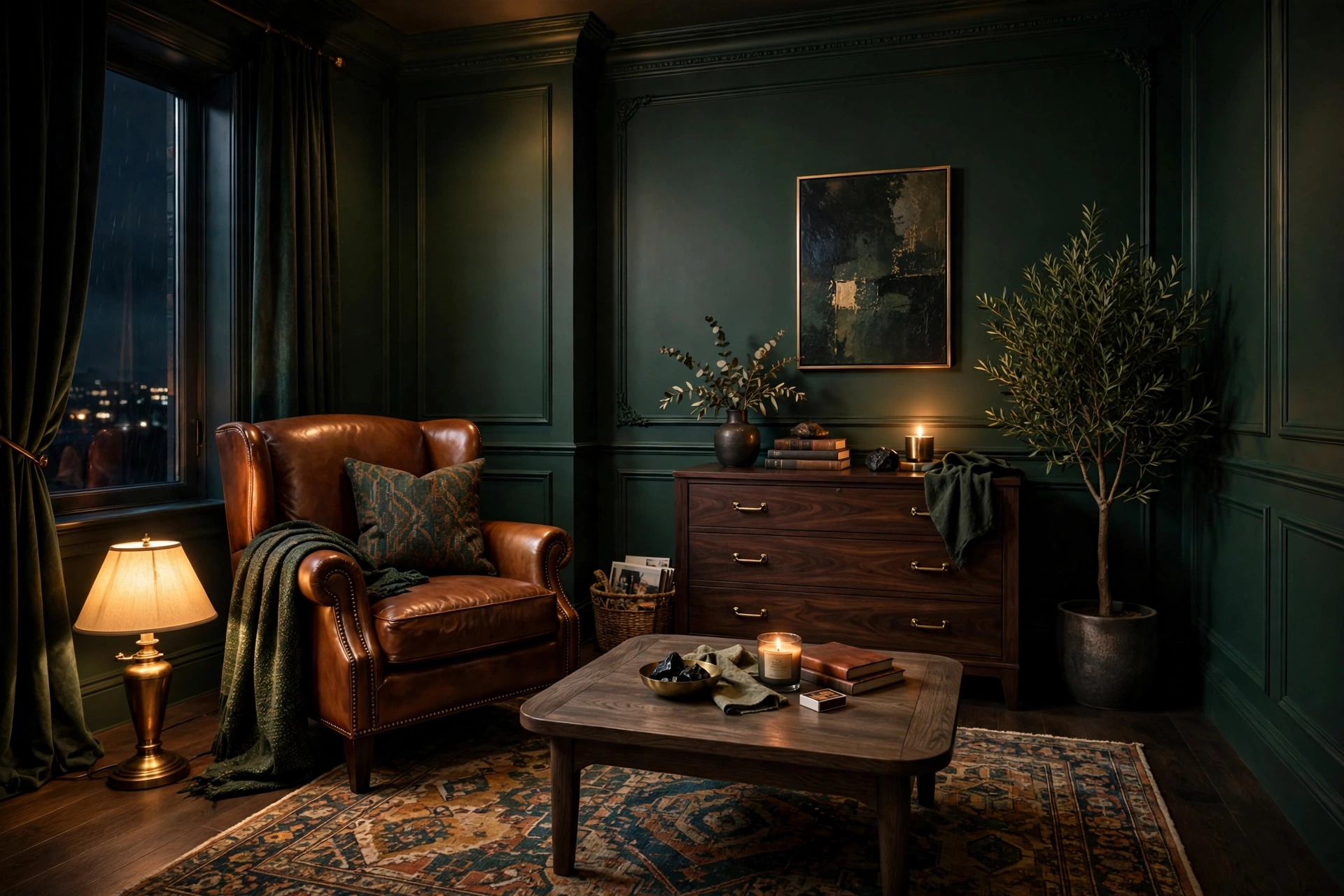 Moody small living room with dark walnut dresser and smoked-oak coffee table against deep green walls, cognac leather chair, warm rug, whole room visible