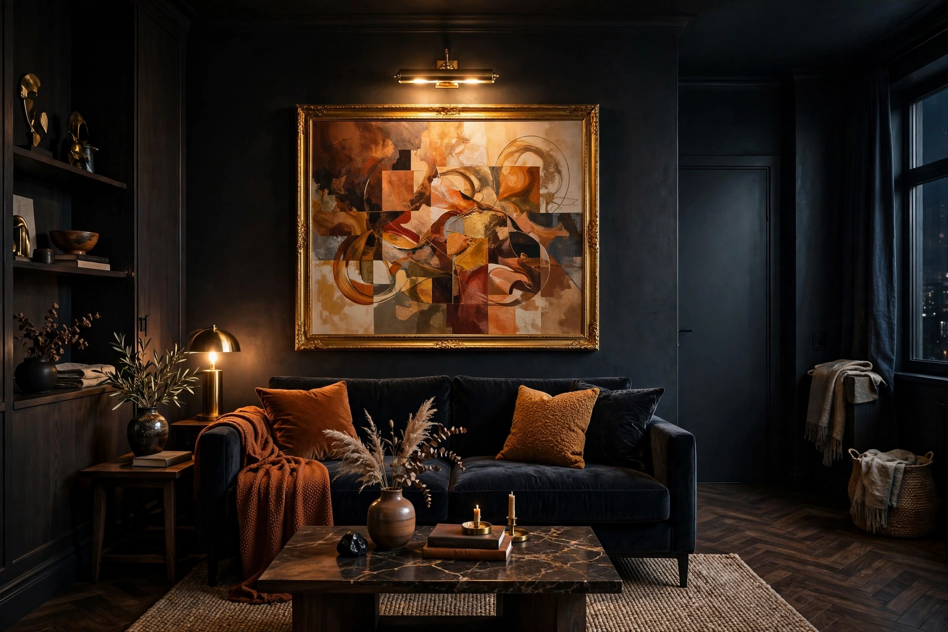 Dark moody apartment wall with one oversized abstract art print in a gilt frame above a velvet sofa, dramatic gallery styling, full wall visible