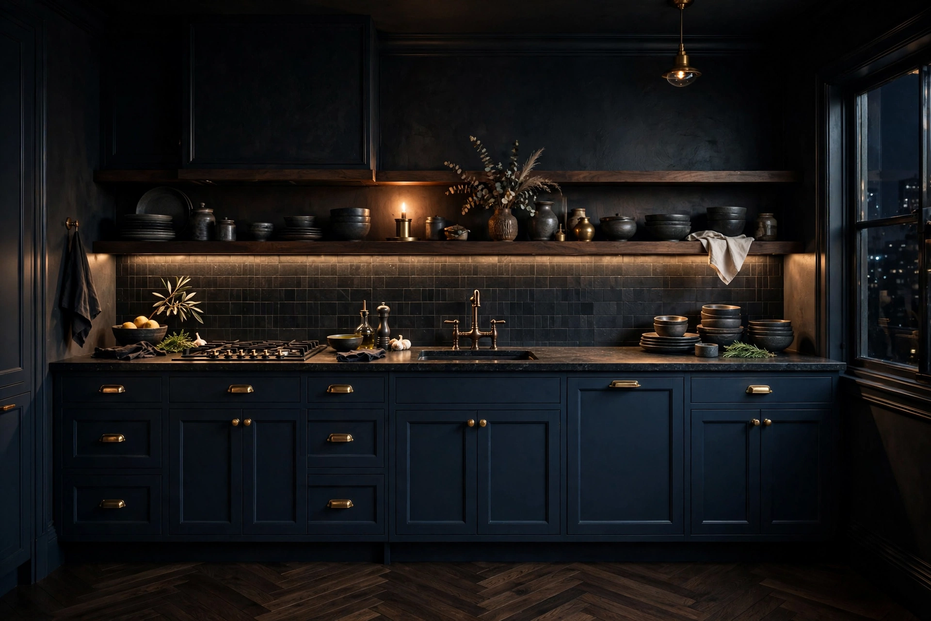 Small kitchen with deep navy lower cabinets, warm brass hardware, dark stoneware and under-cabinet lighting, moody luxurious styling, whole kitchen visible