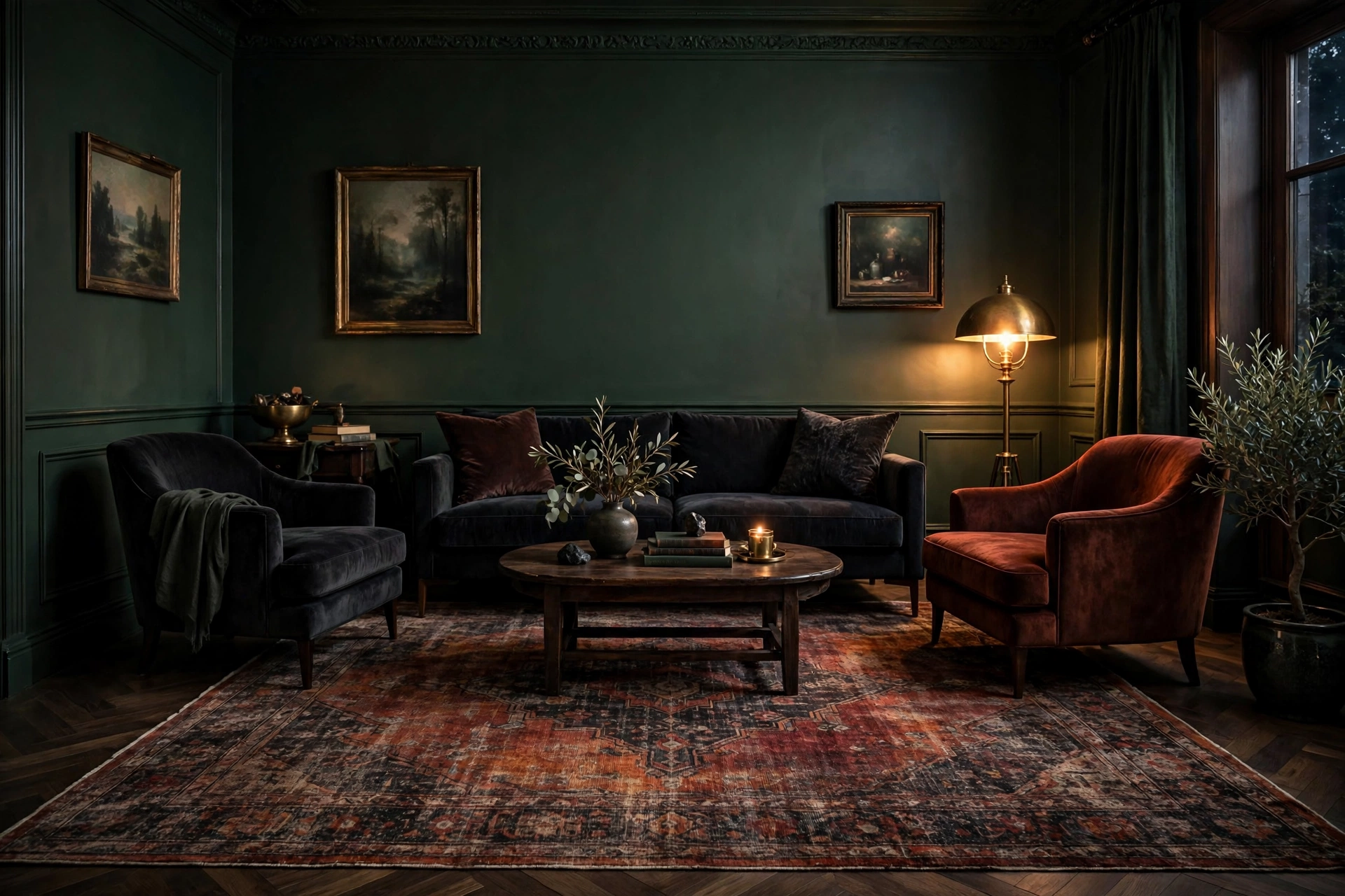 Dark moody living room anchored by a large deep rust and charcoal vintage-style patterned rug under a velvet sofa, properly sized, whole room visible