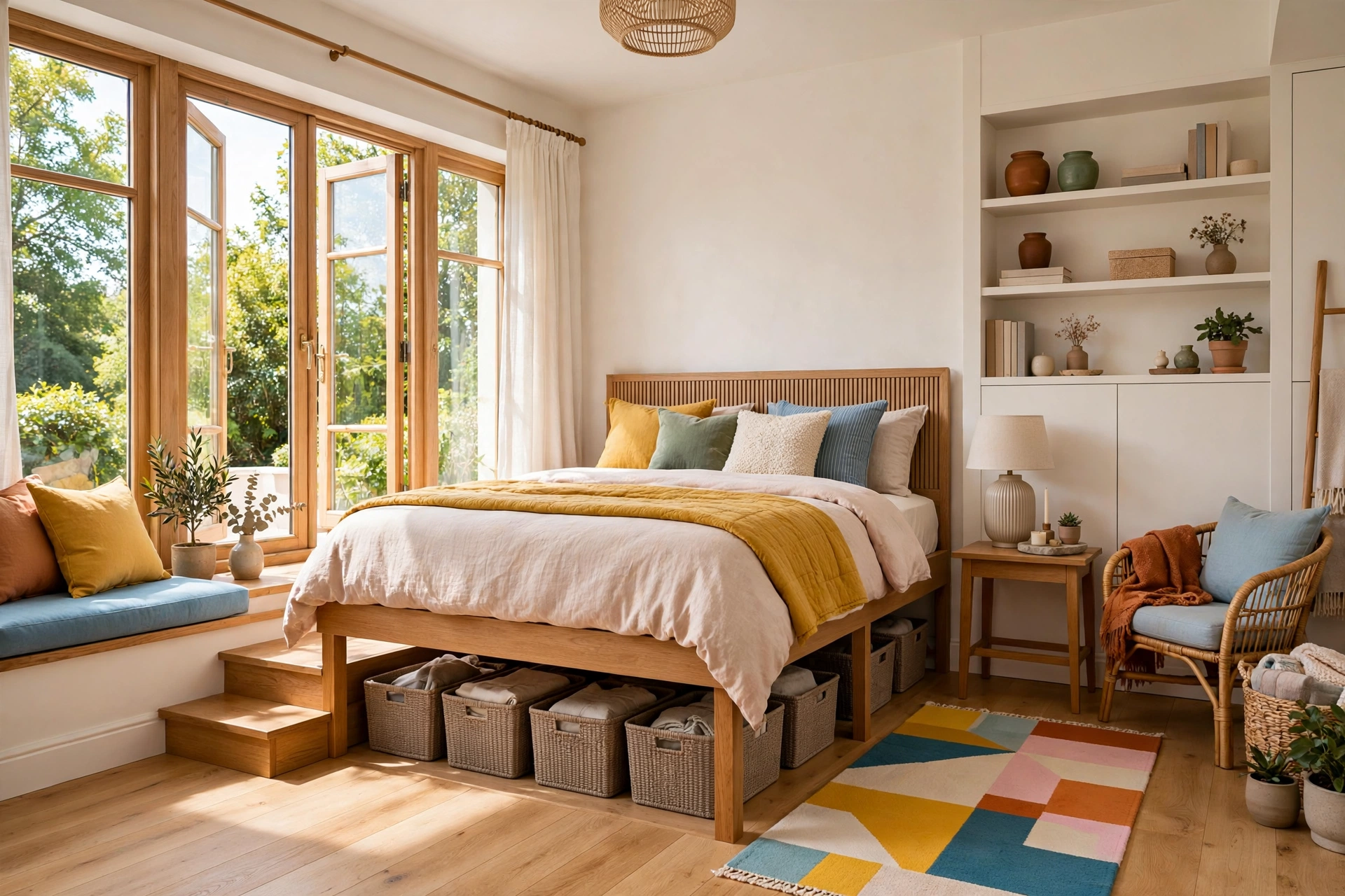 Small bright bedroom with the bed lifted on risers revealing neat lidded storage bins underneath, wide wall-to-wall view