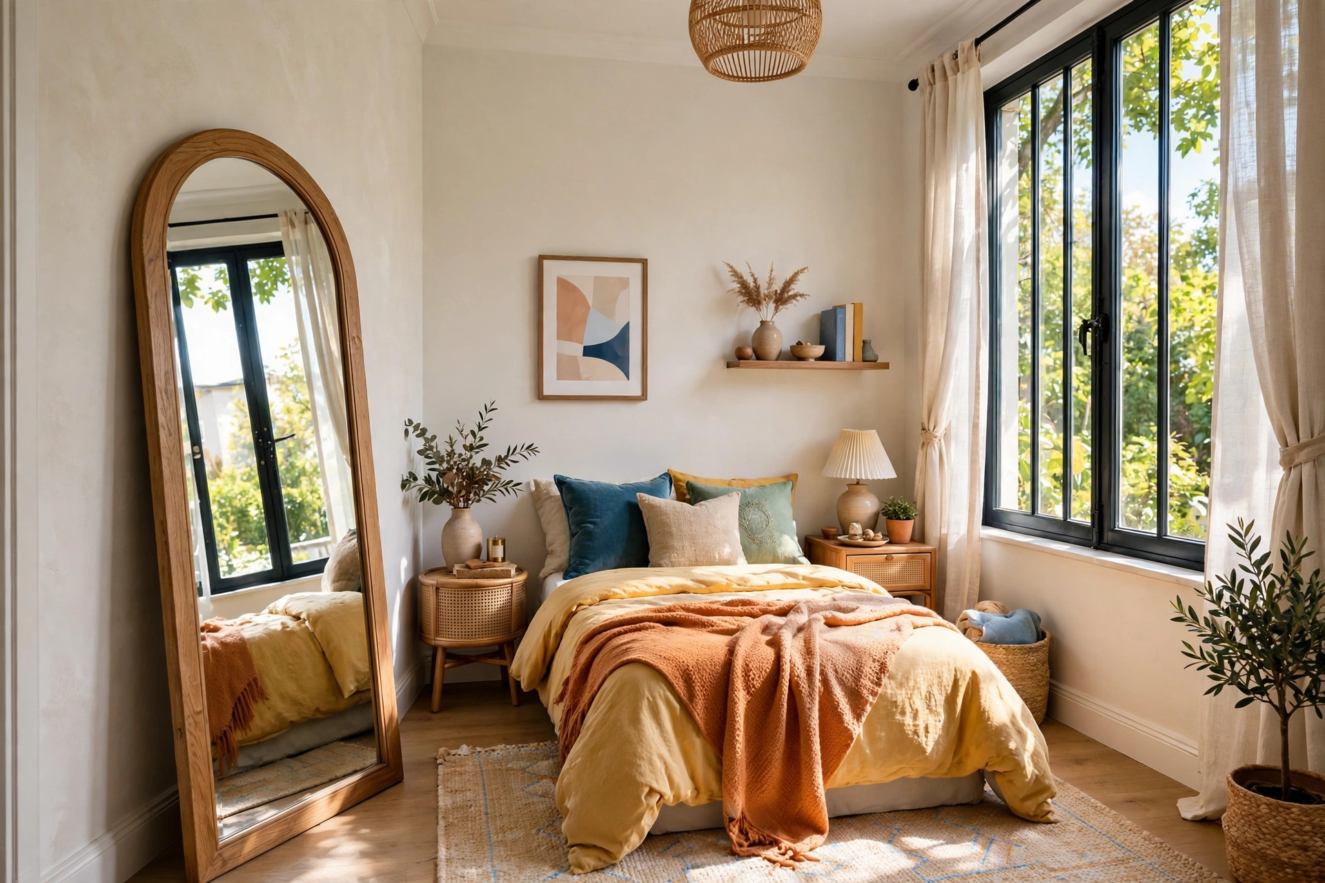 Bright small bedroom with a tall full-length leaning mirror opposite the window reflecting daylight, wide wall-to-wall view