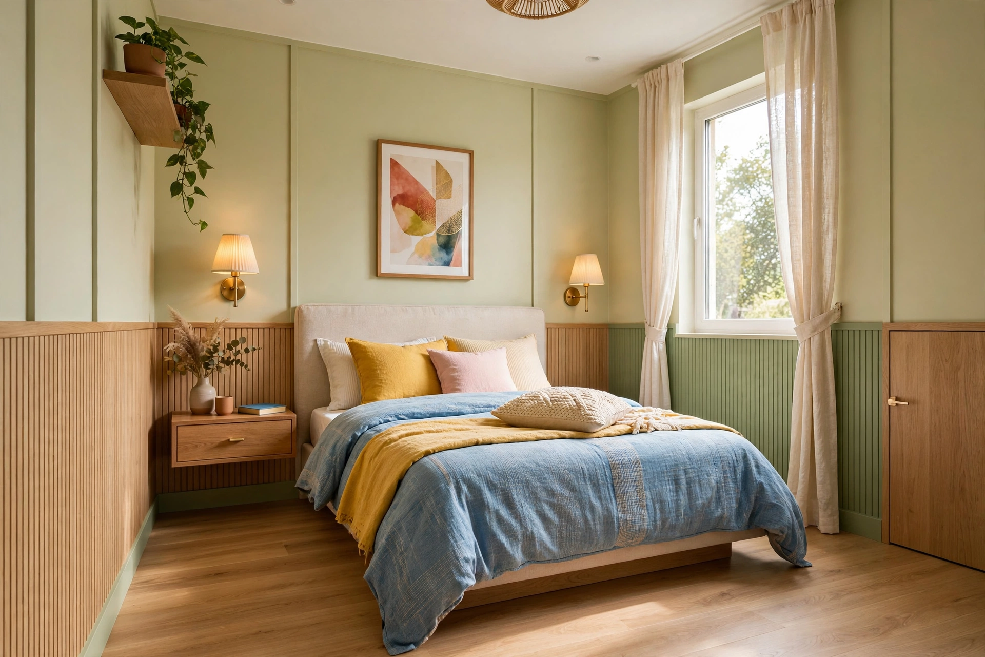 Small bright bedroom with floating nightstands and plug-in wall sconces on both sides of the bed, clear floor underneath, wide view