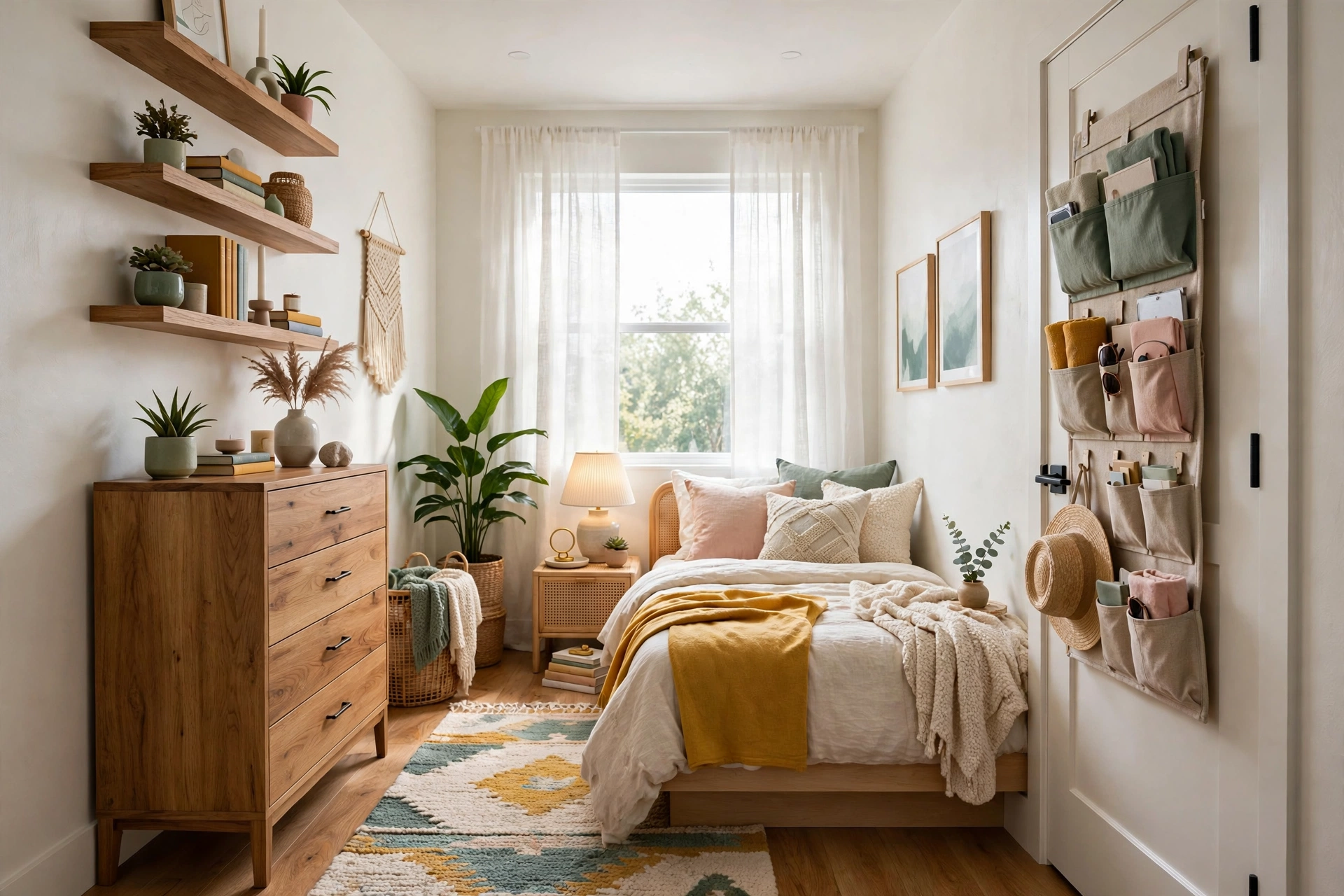 Small bright bedroom going vertical: tall narrow dresser, floating wall shelves with books and plants, and an over-door organizer, wide view