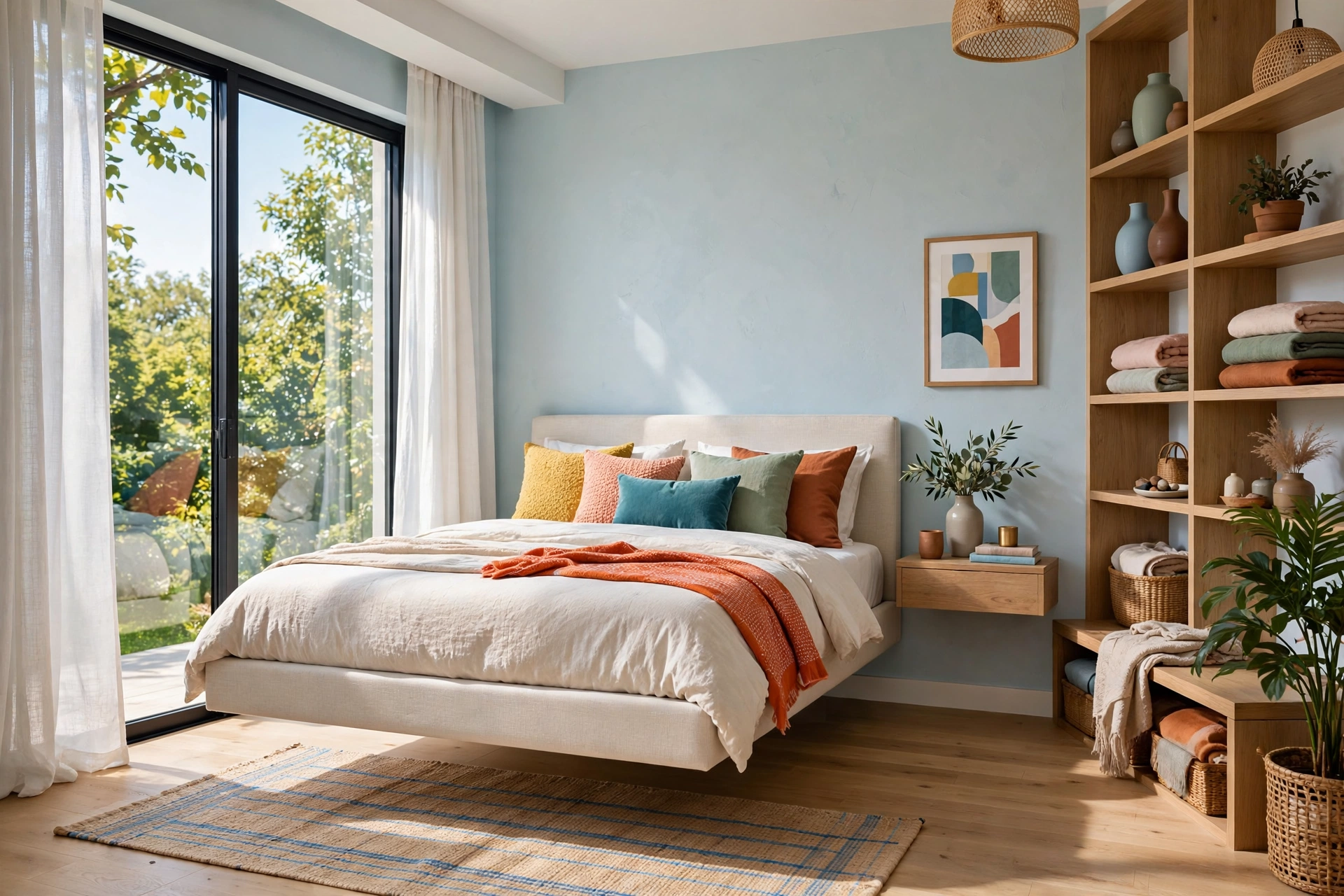 Small bright bedroom with a low-profile slatted wooden headboard letting the wall show through, light bedding, wide view
