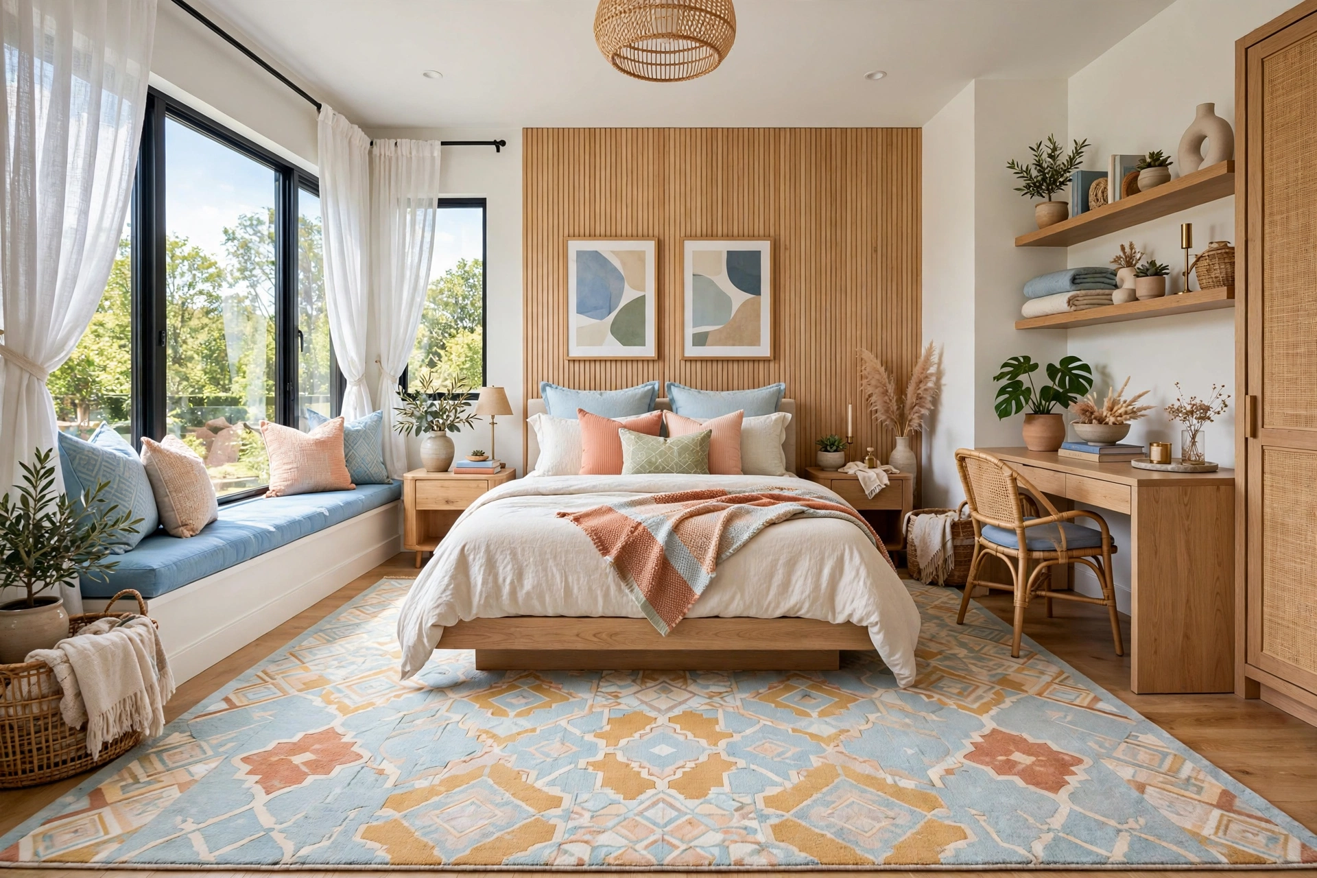 Small bright bedroom with an oversized light flatweave rug extending past the bed on three sides, wide wall-to-wall view