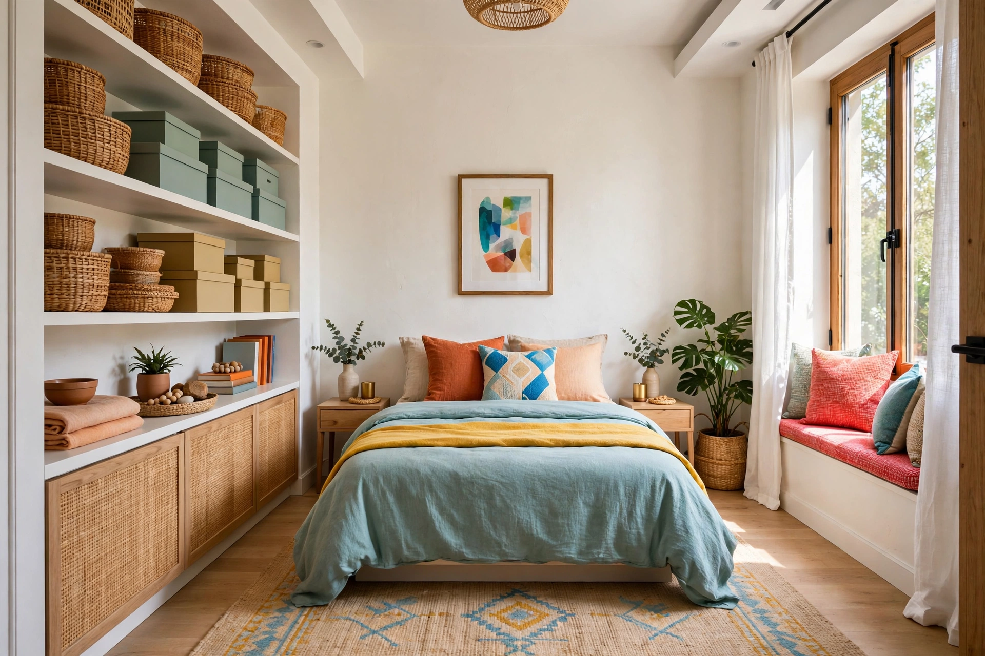 Small bright bedroom with matching lidded baskets and closed storage bins corralling clutter, tidy calm surfaces, wide view