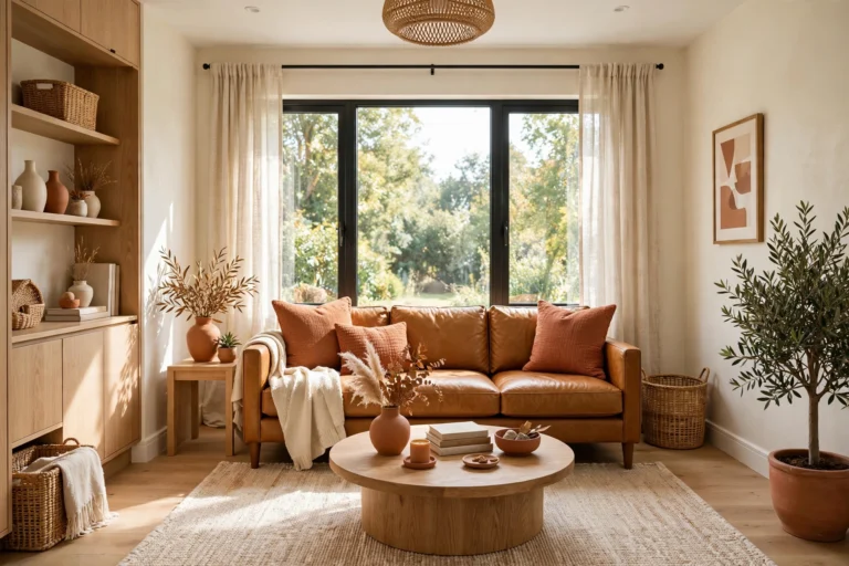 Bright small living room demonstrating the 60-30-10 color rule with cream walls, caramel sofa and terracotta accents