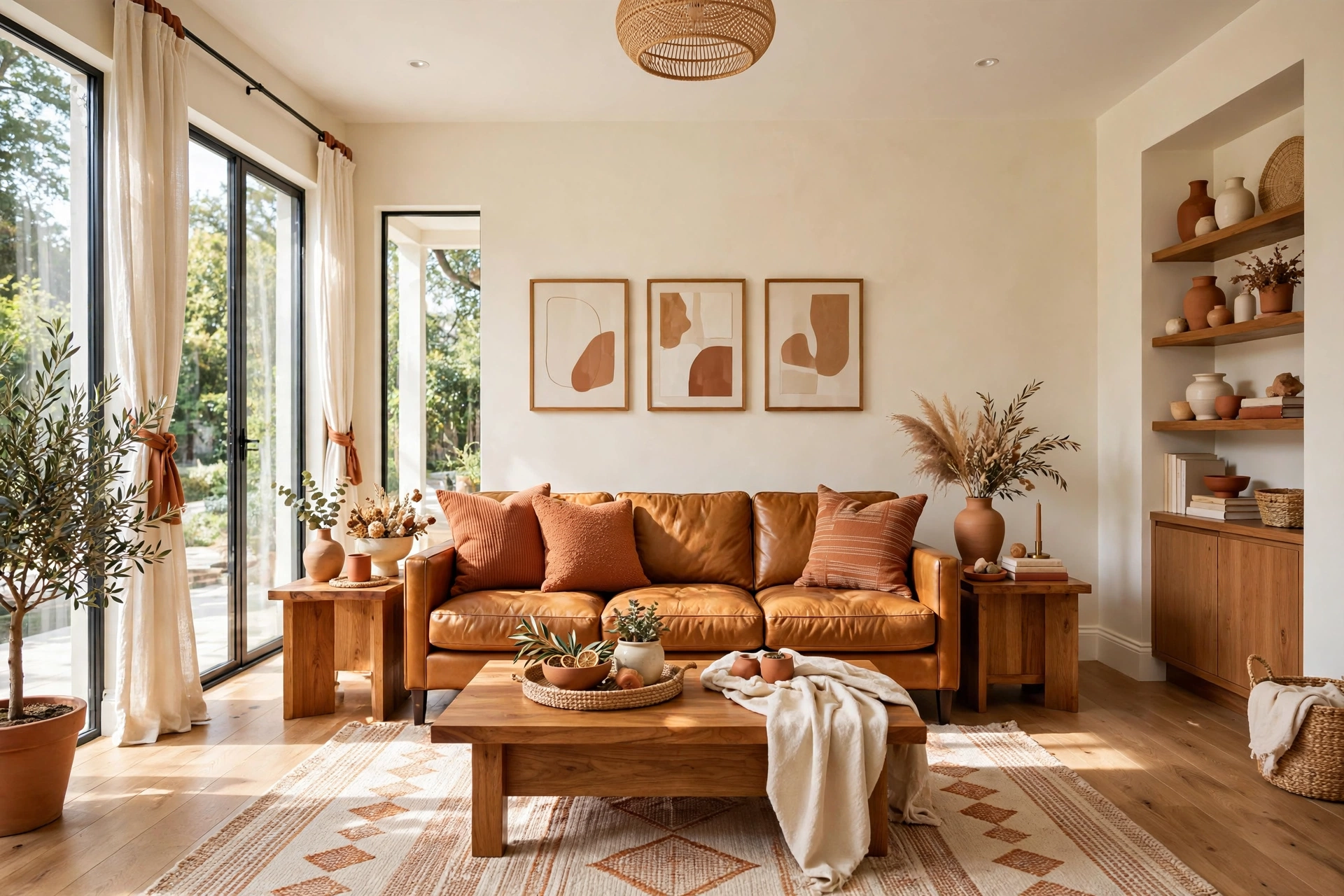 Bright living room showing balanced 60-30-10 color proportions with cream walls and warm accents