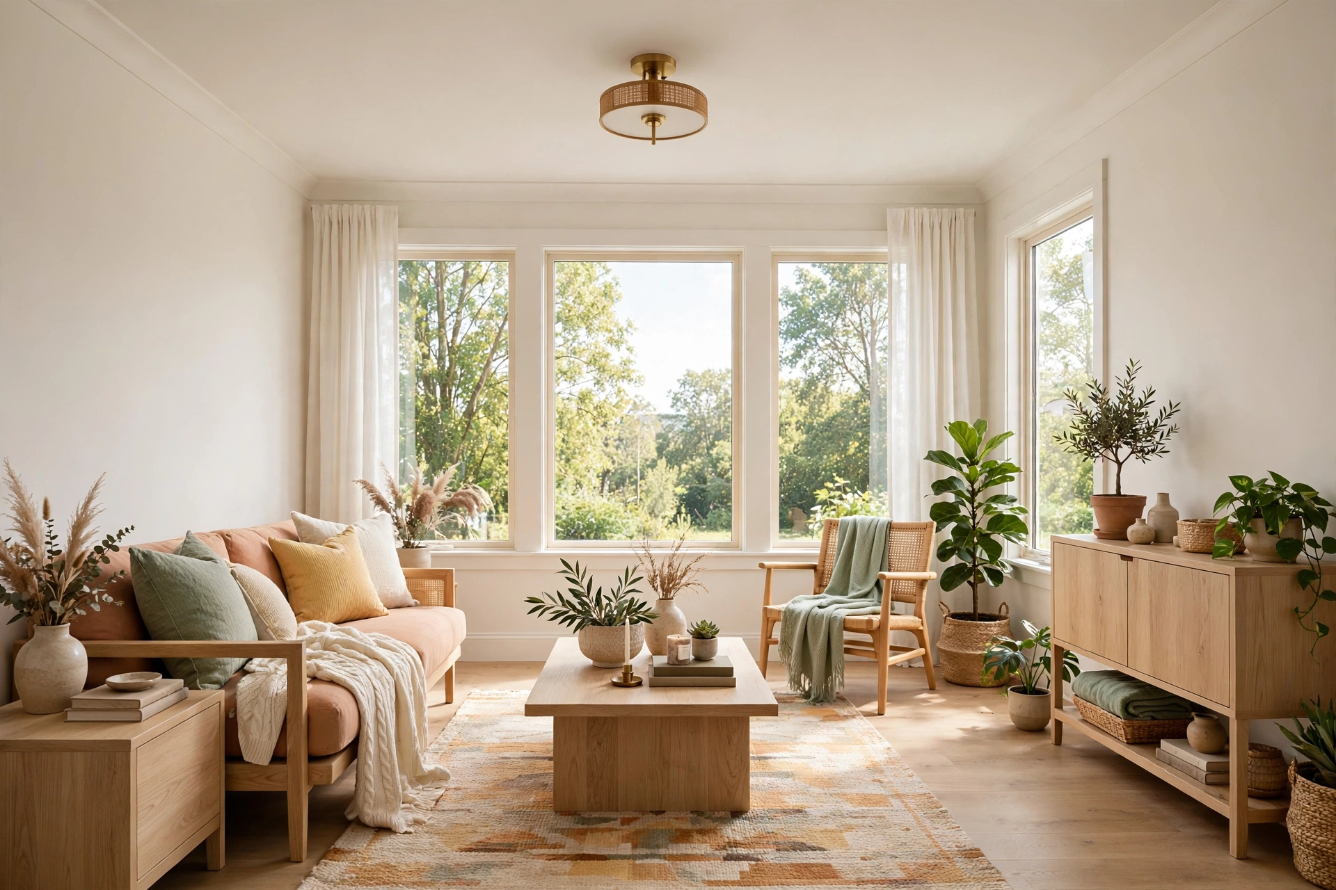 Bright small living room with warm white walls and abundant natural daylight
