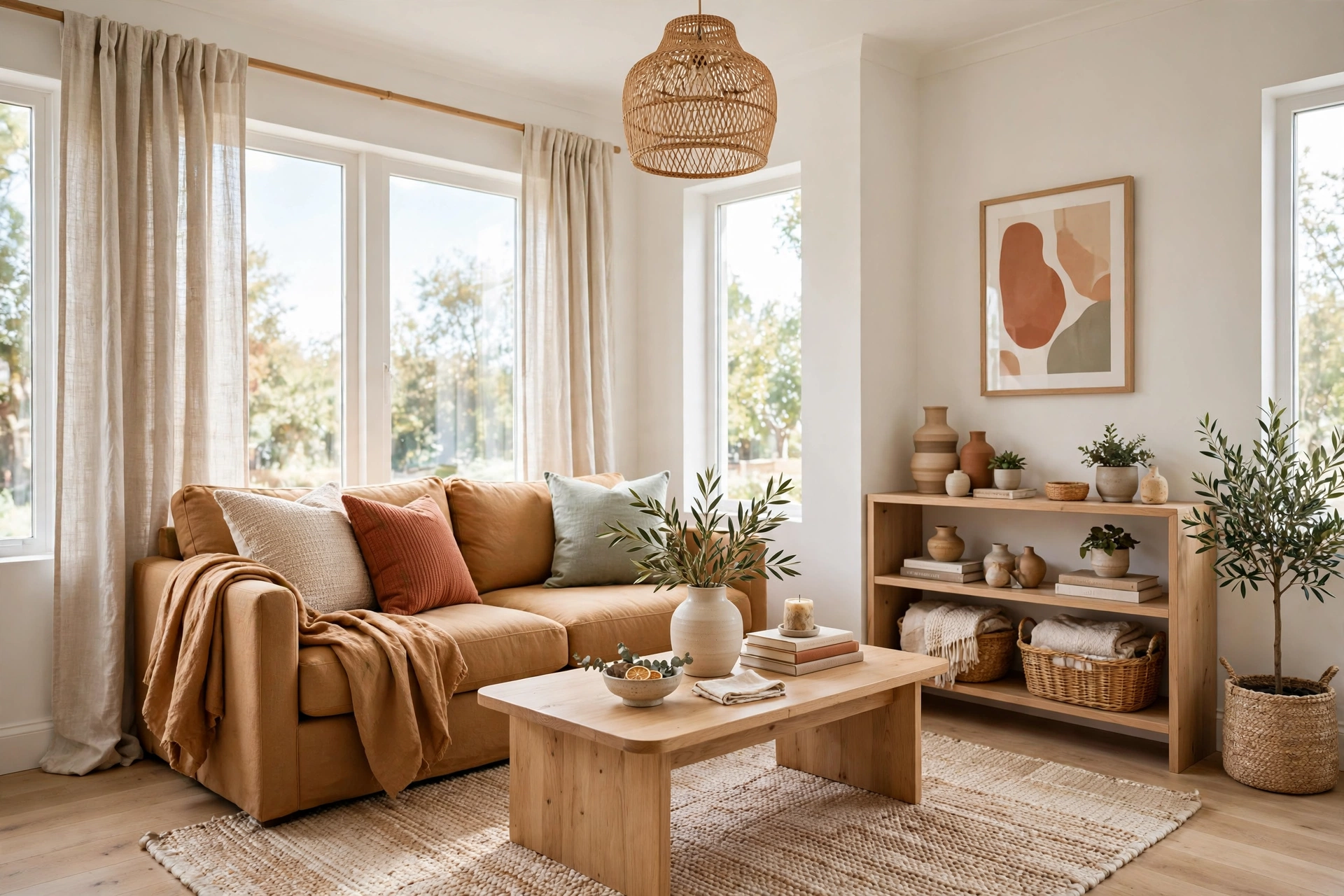 Bright small living room with caramel sofa and oatmeal rug in soft neutral tones