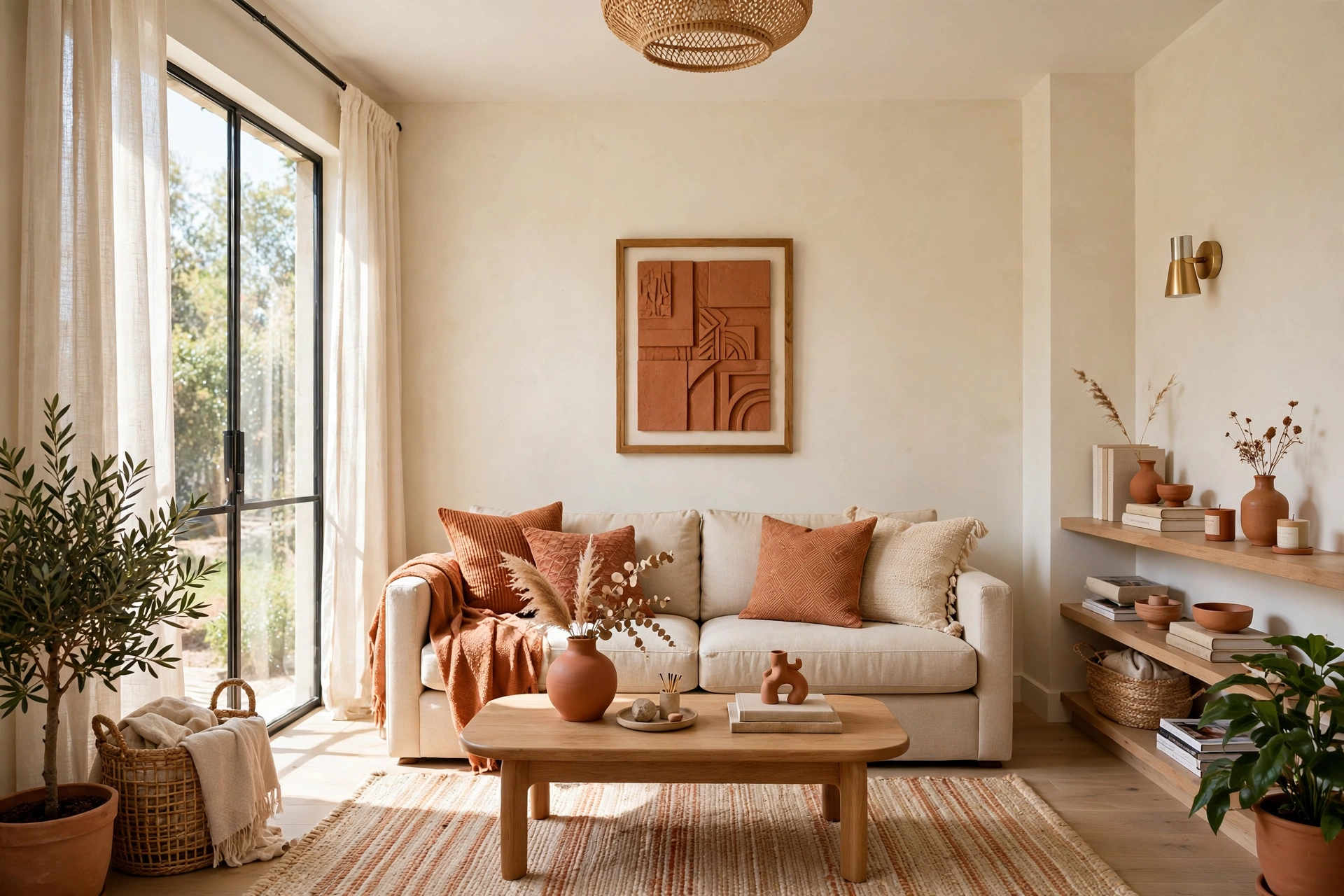 Bright small living room with terracotta accent cushions, ceramic vase and framed artwork
