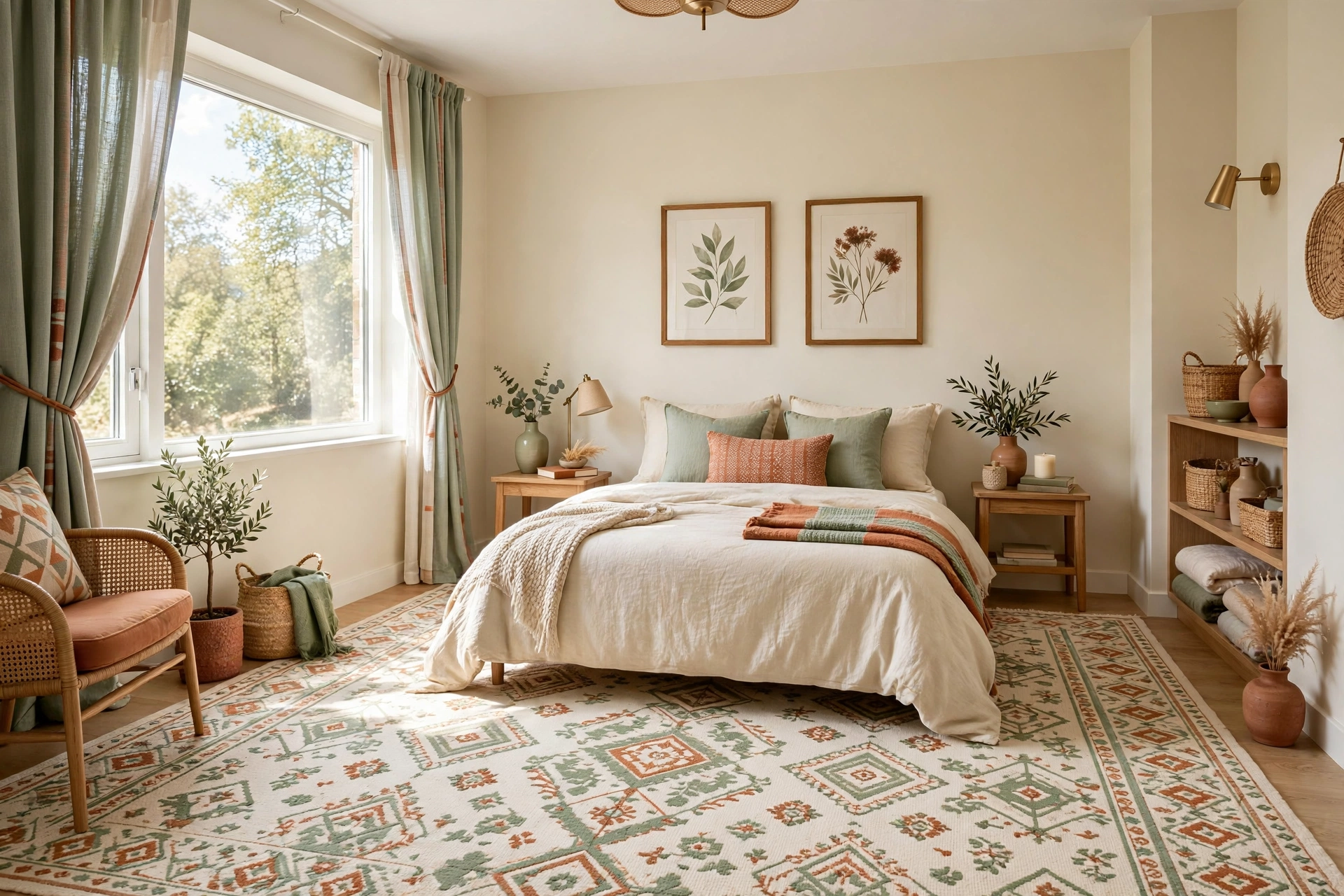 Bright small bedroom with patterned area rug serving as color palette inspiration