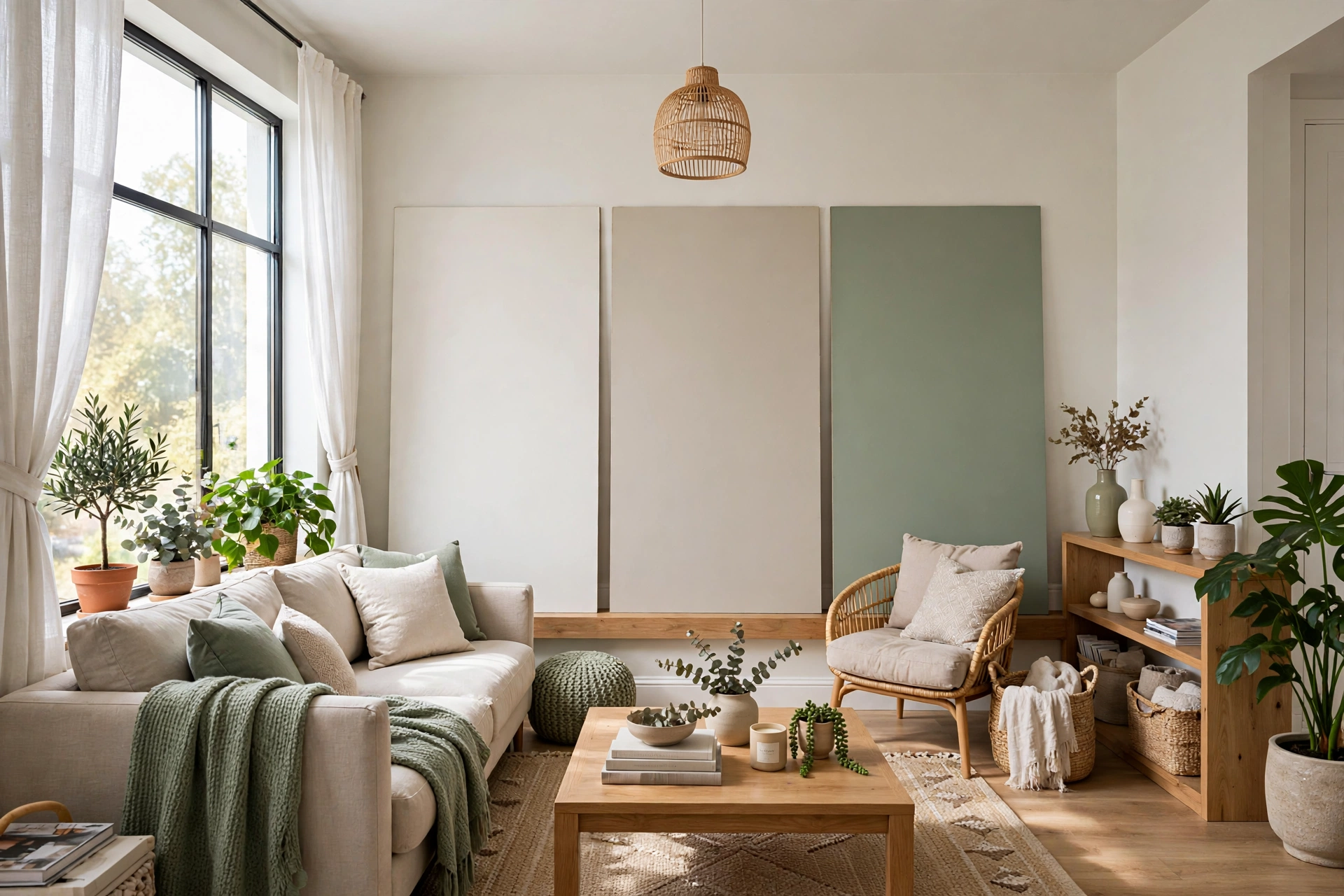 Bright small living room with large paint sample boards tested on the wall