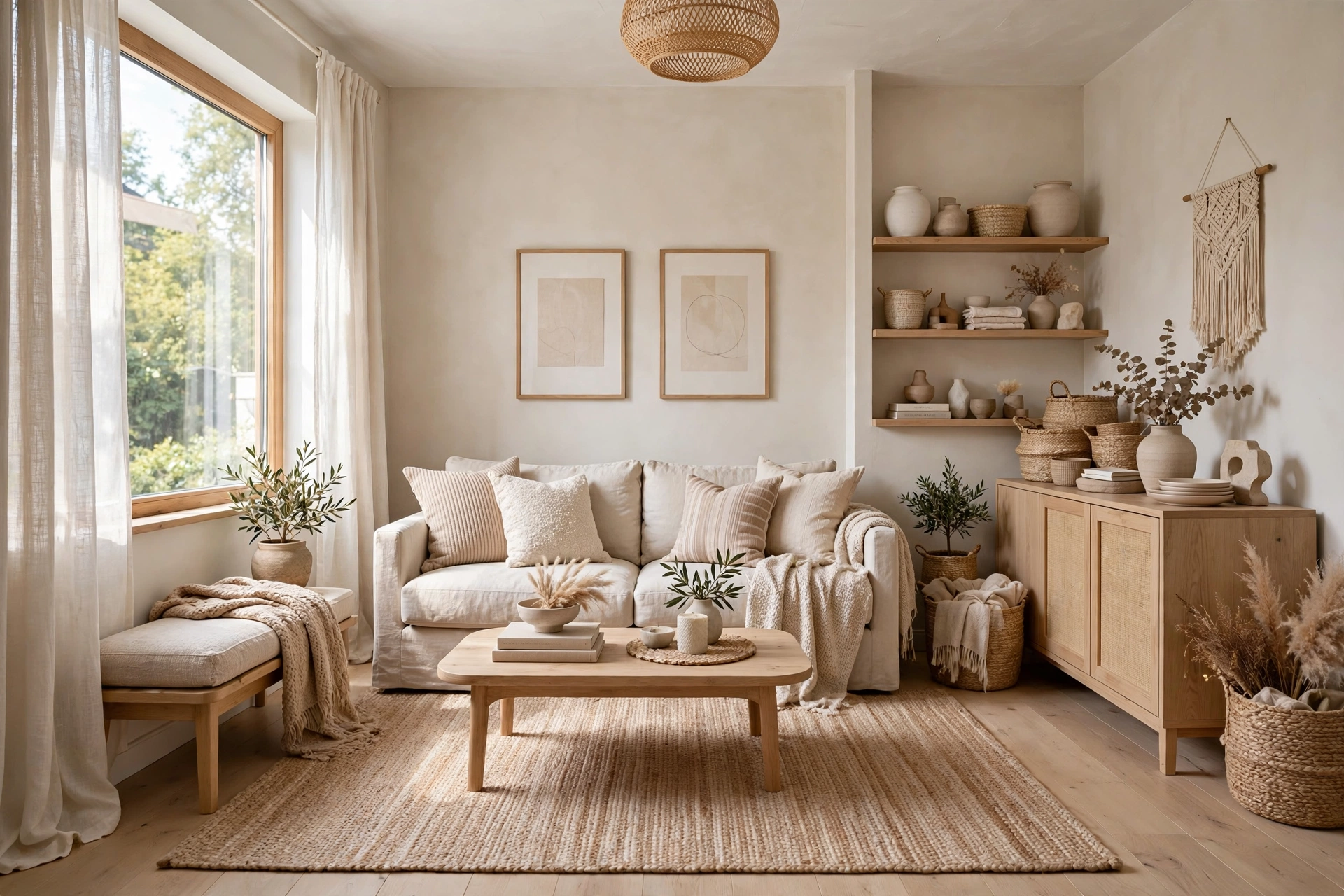 Bright small living room in warm white and greige neutrals with layered textures