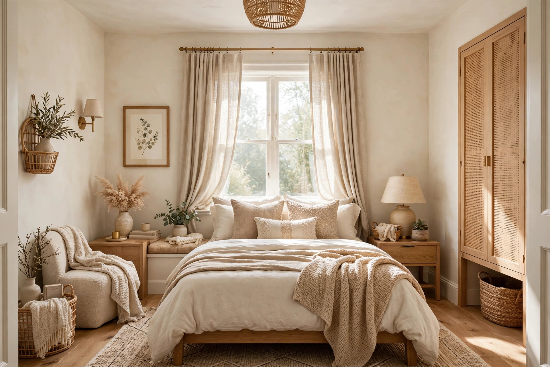 Bright small bedroom with oatmeal curtains and layered bedding in soft neutrals