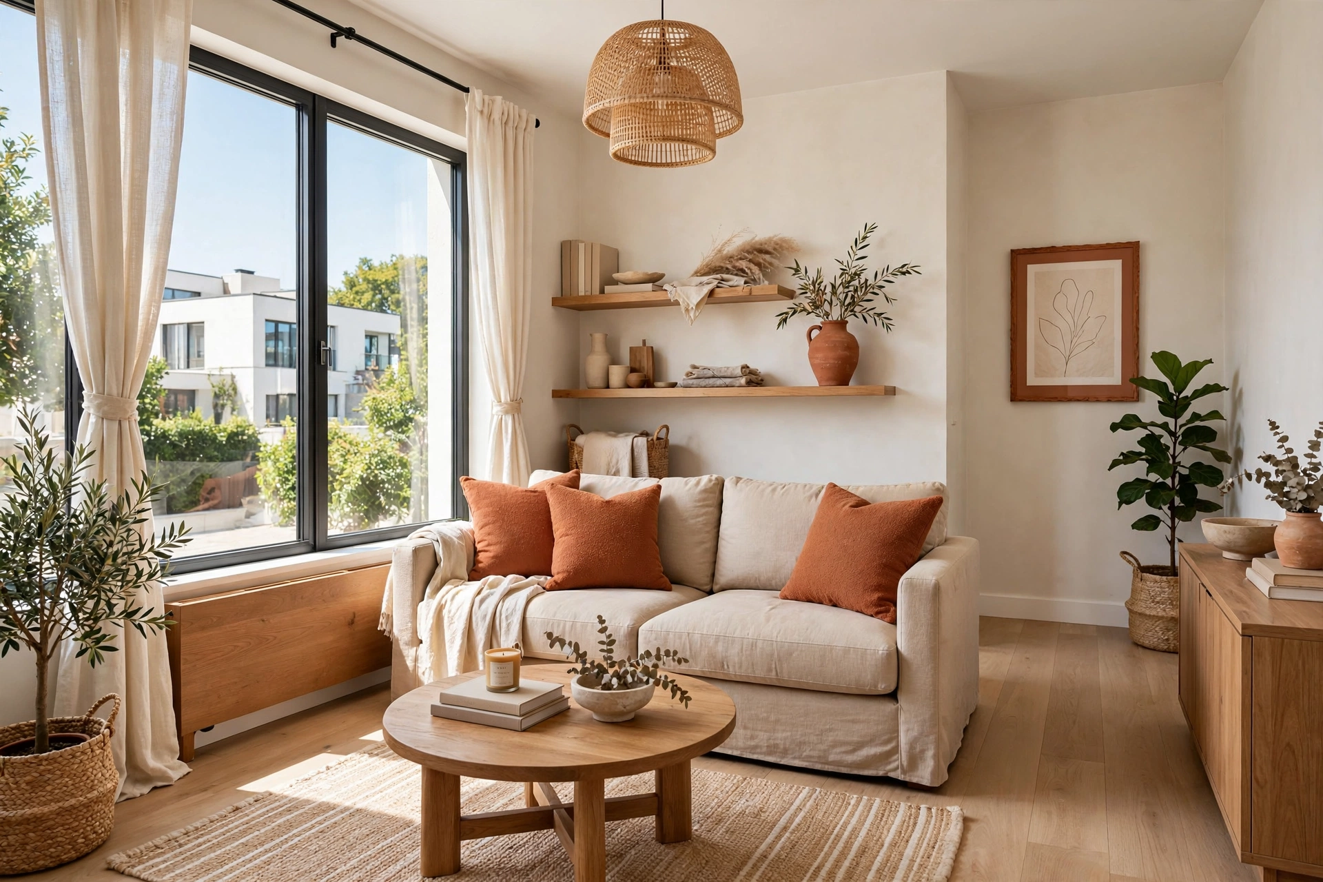 Bright small living room with terracotta accents repeated in cushions, vase and wall art