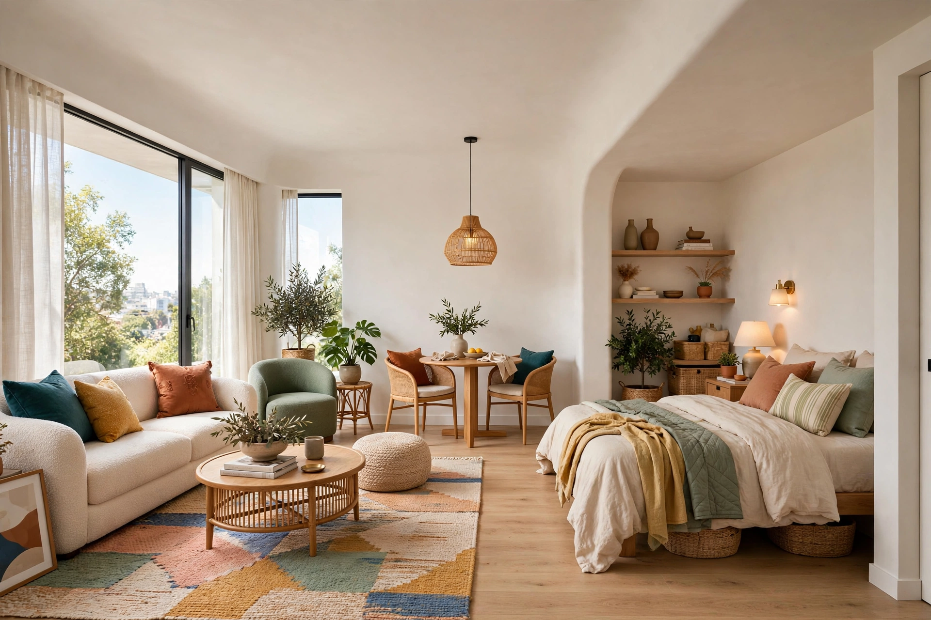 Bright open-plan studio apartment with continuous warm white walls and rug-defined zones