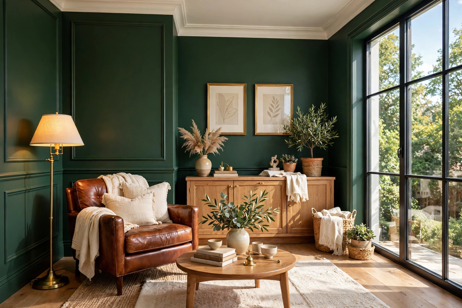 Elegant small living room with deep forest green walls, cognac leather chair and brass lamp glowing warmly