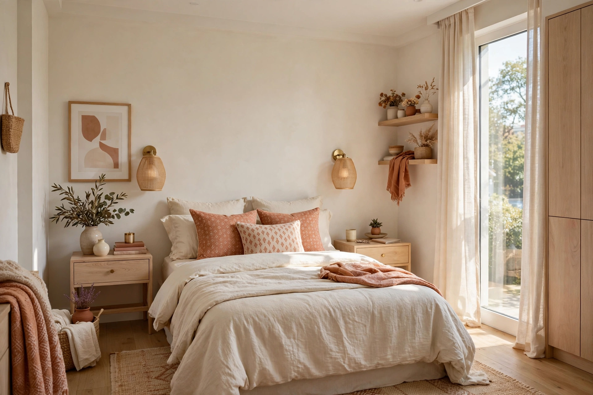 Bright small bedroom with subtle patterned terracotta accent cushions on neutral bedding
