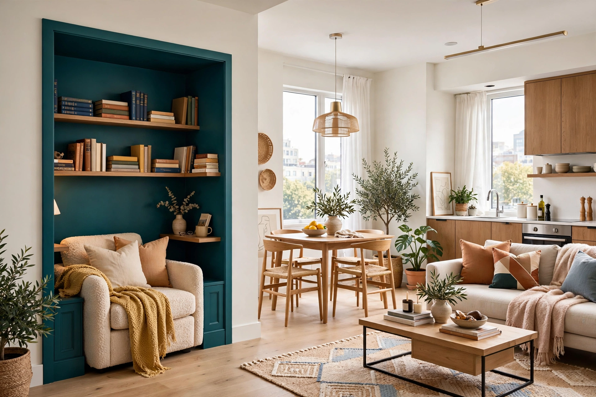 Bright studio apartment with a bold deep-teal painted alcove reading nook