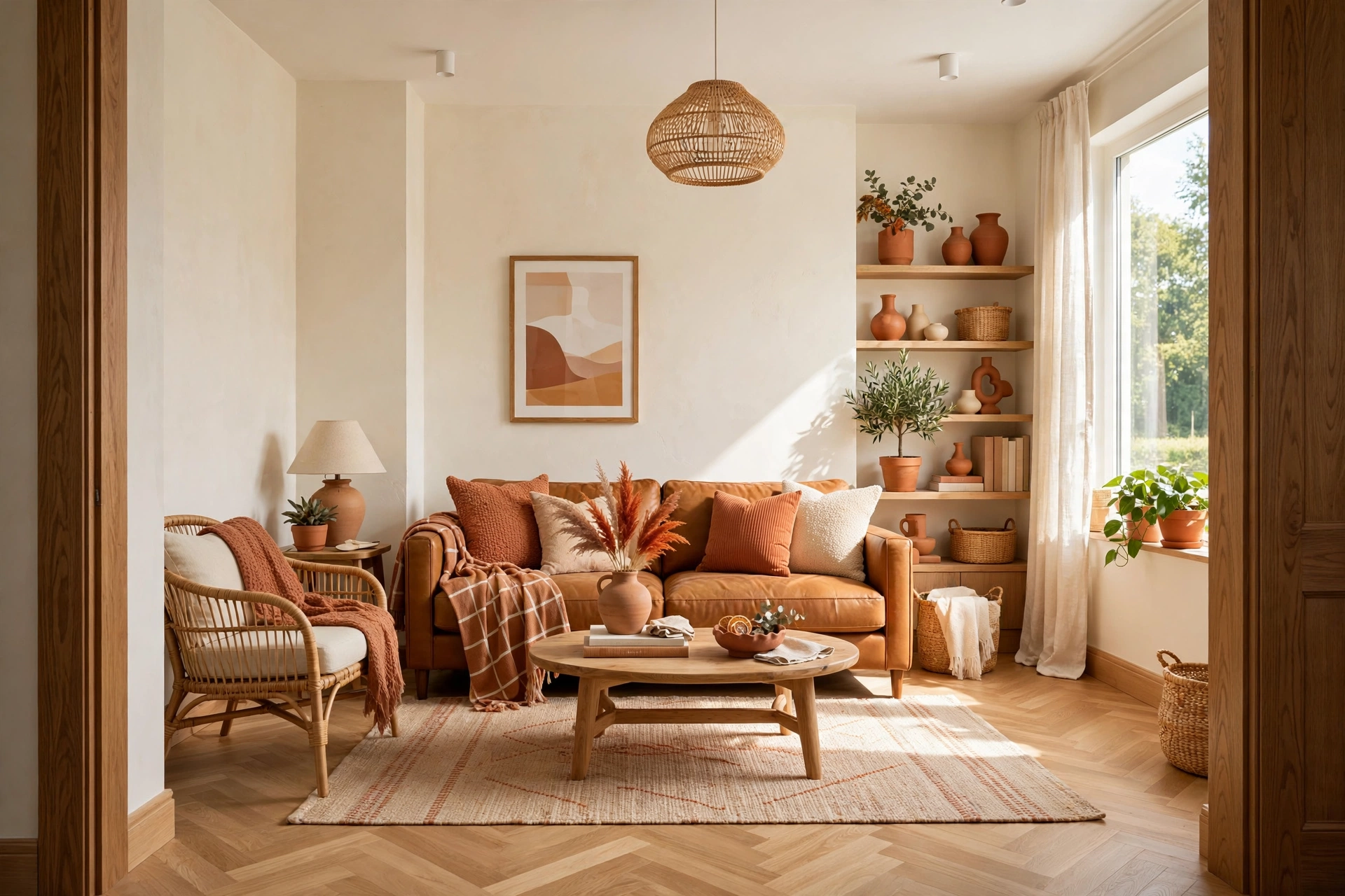 Bright small living room viewed from the doorway showing balanced layers of color