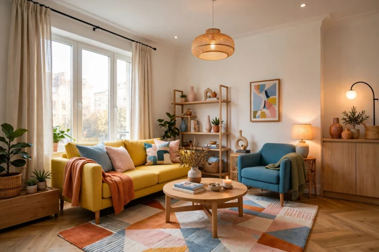 Bright small apartment living room done right: sofa floated slightly off the wall, large area rug anchoring the seating, curtains hung high near the ceiling, warm layered lighting